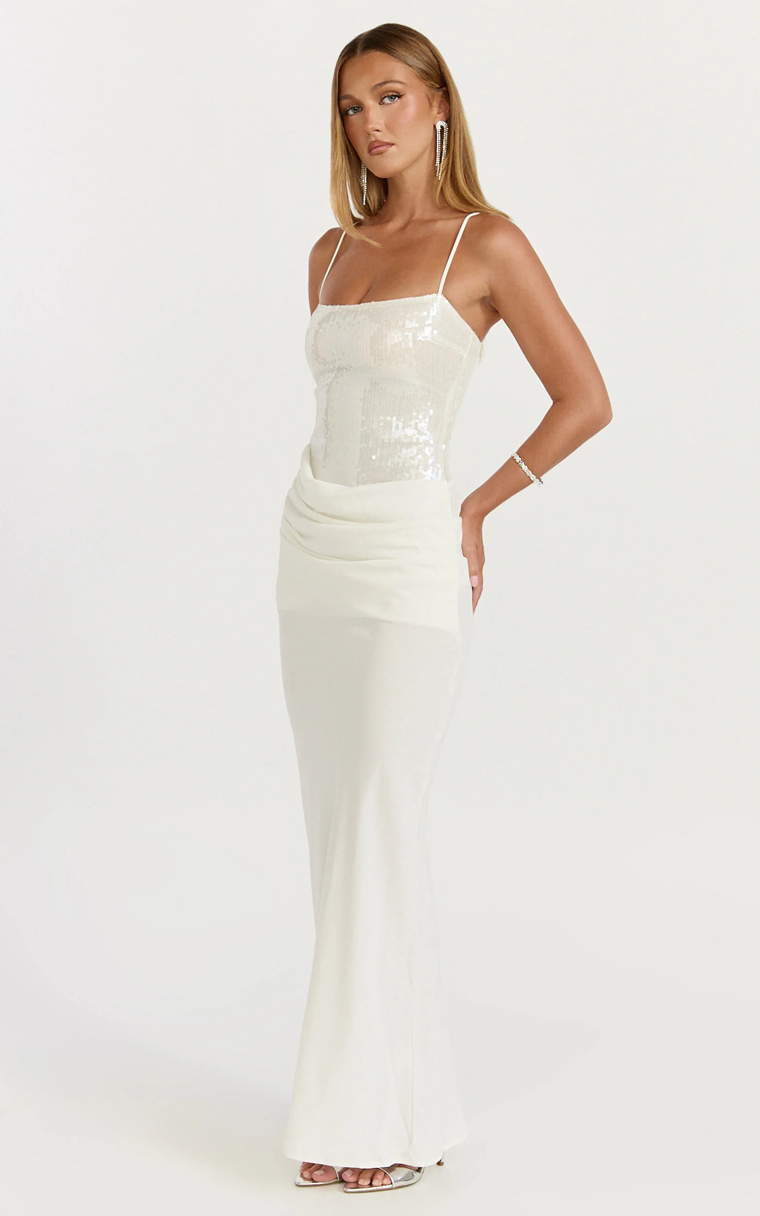 Jasmin Maxi Dress - Sequin Overlay Dress in White