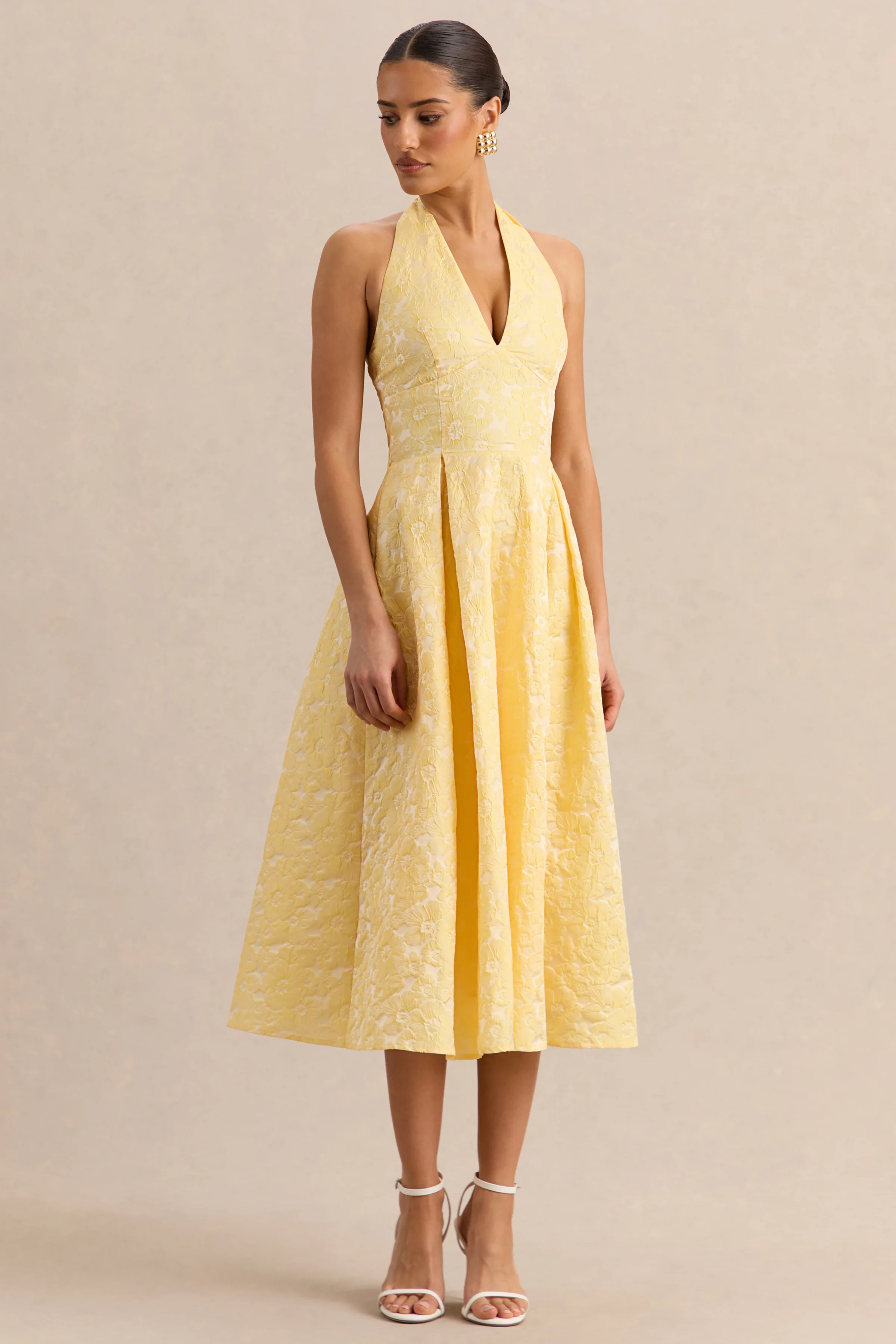 Nyomi | Lemon Satin Halter-Neck Midi-Dress