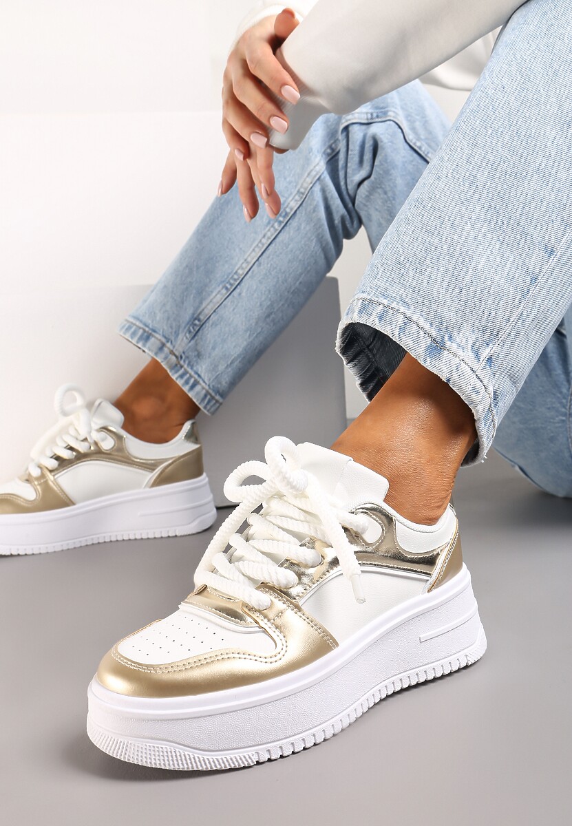 Biało-Złote Sznurowane Sneakersy na Platformie z Metalicznymi Wstawkami Arileva