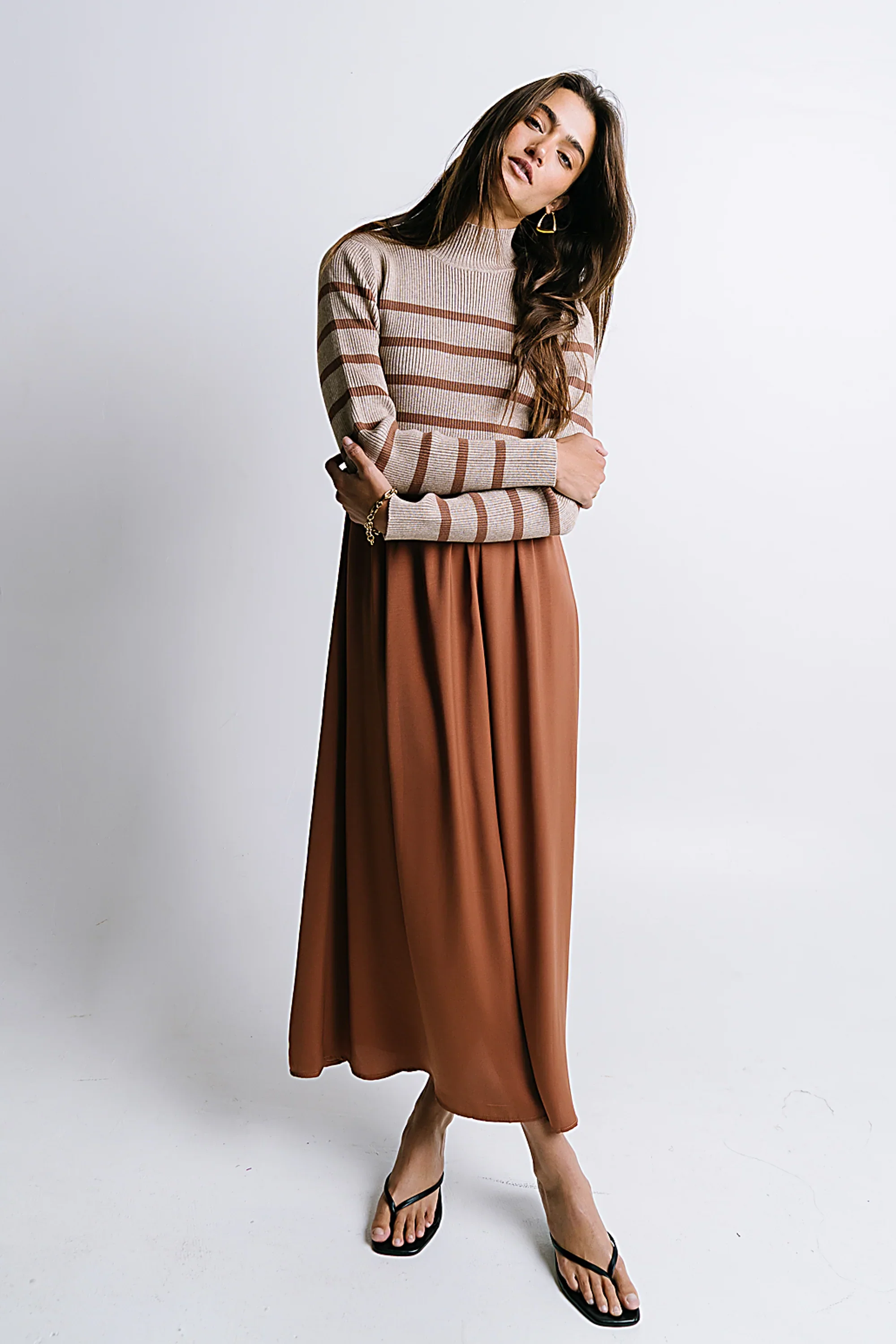 Zeda Midi Dress in Brown Stripe