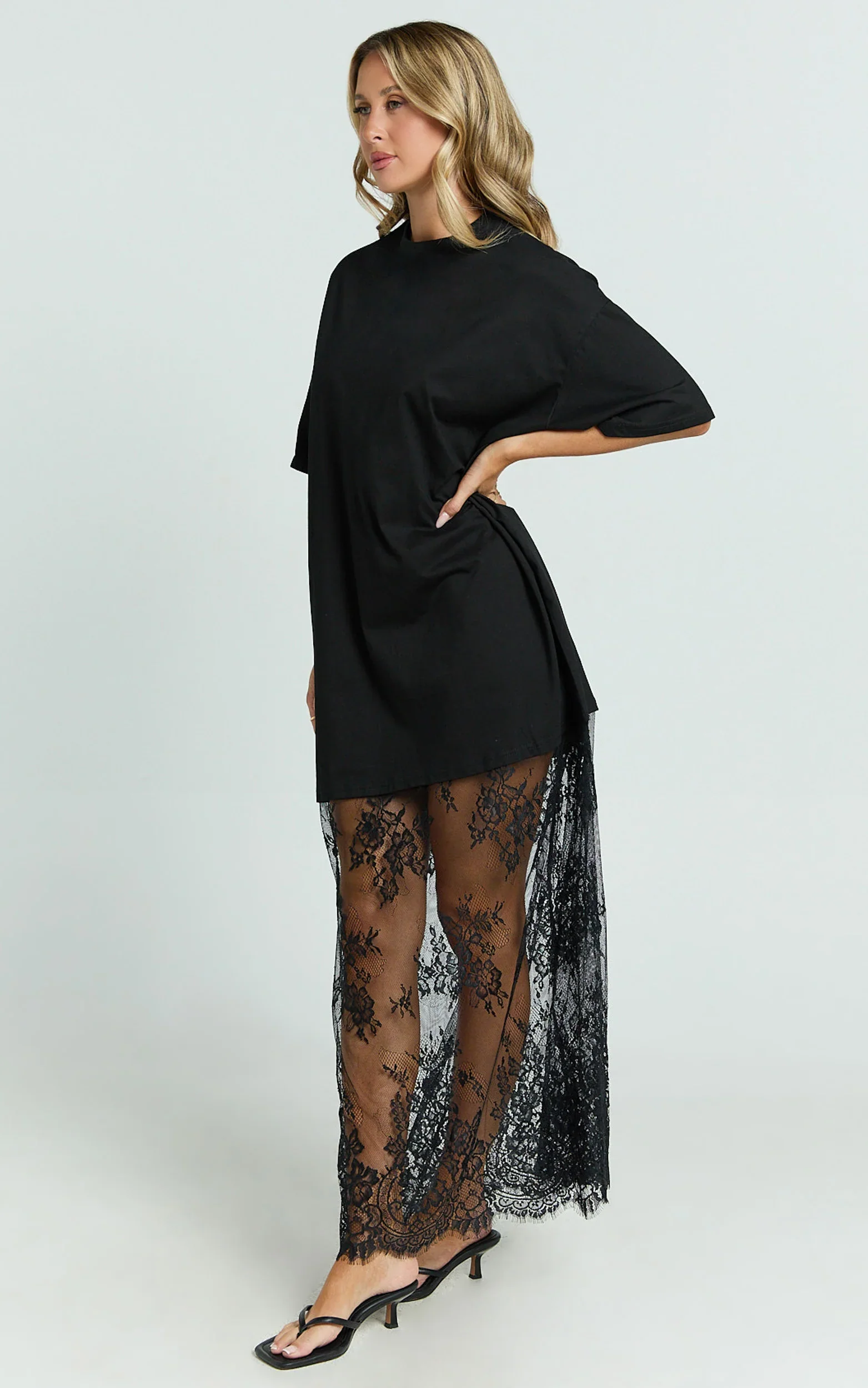 Jonna Midi Dress - Longline Lace Insert Tee in Black