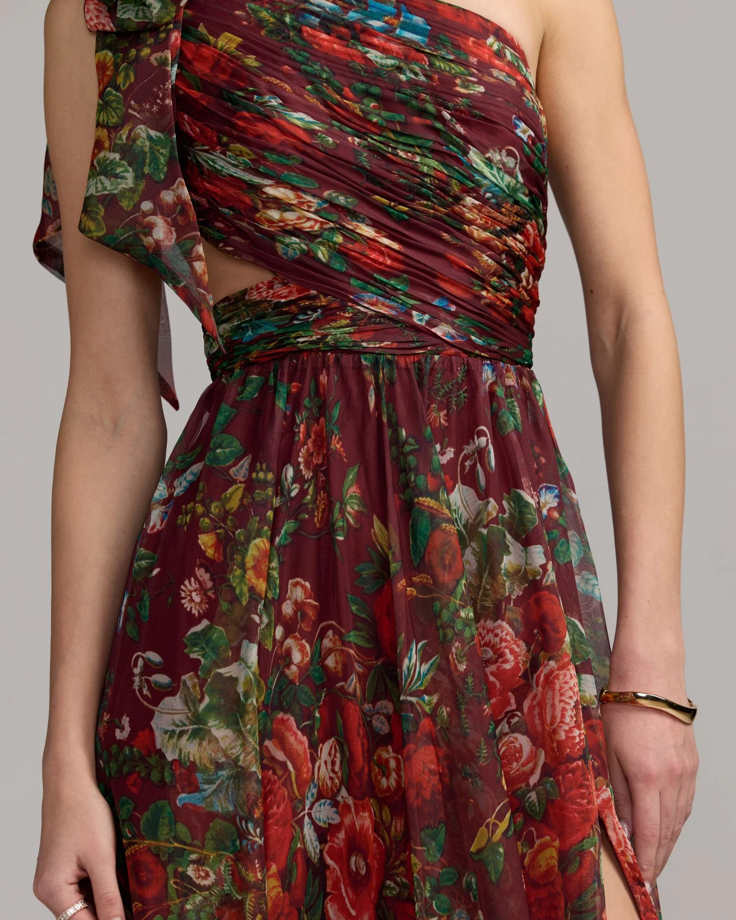 Burgundy One Shoulder Floral Printed Chiffon Side Cut Out Gown - FASHION NOB