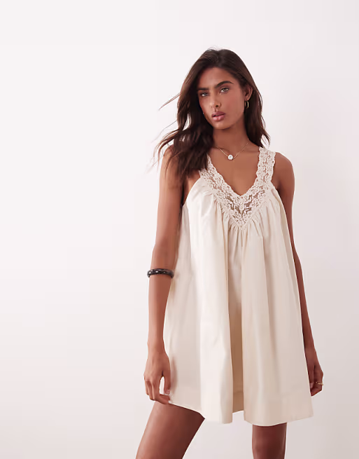 v-neck poplin mini smock sundress with lace overlay in bone