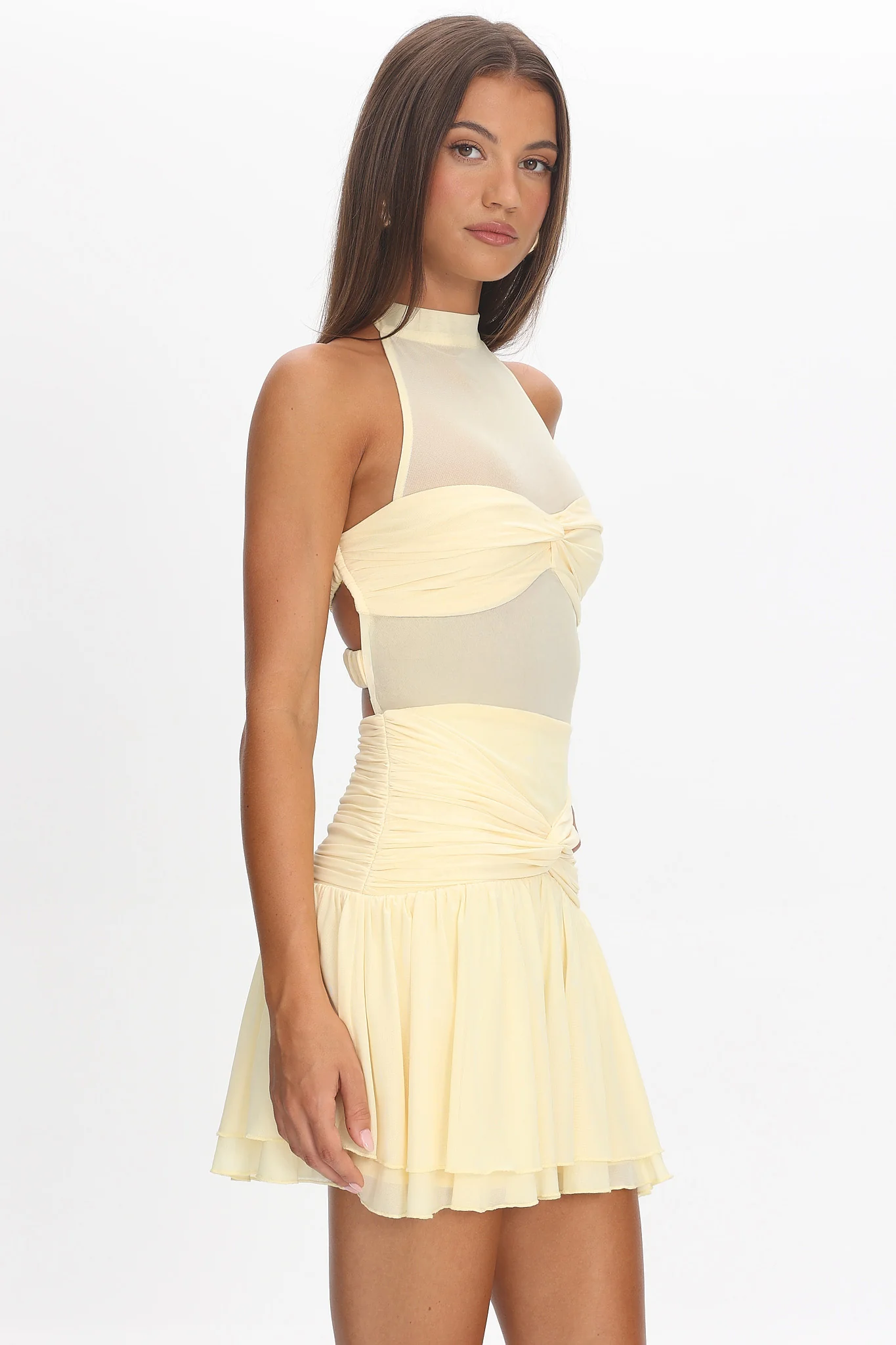 Savina Sheer Bodice Mini Dress Lemon - luluinthesky