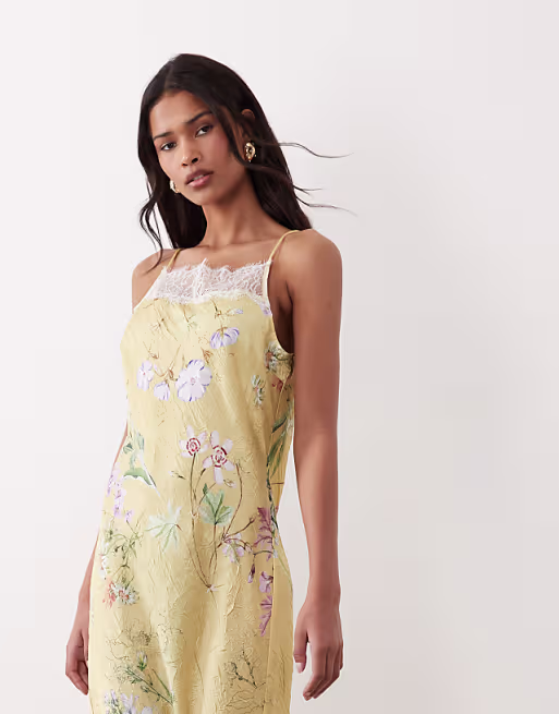 satin high neck cami midi dress with lace trims in yellow floral print