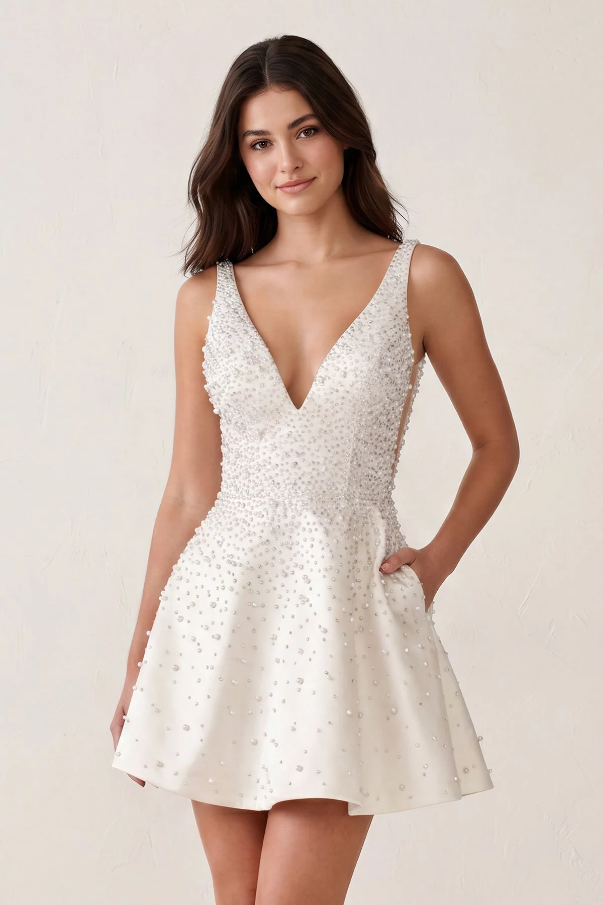 V-Neck A-Line Satin Homecoming Dress With Pearl