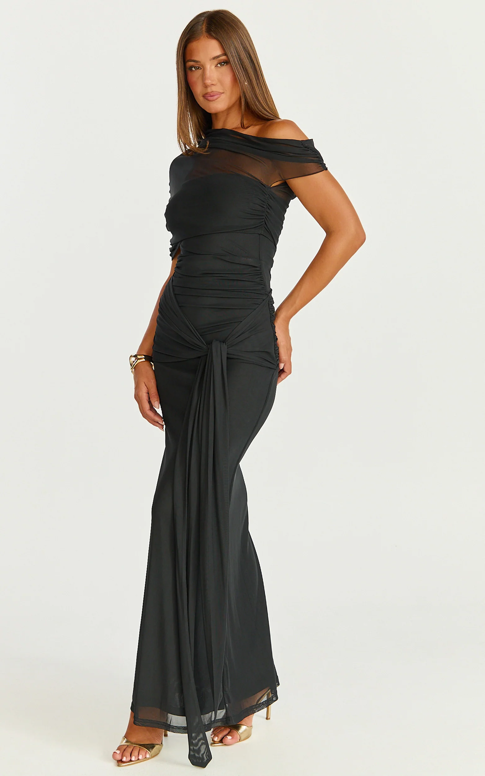 Nicolette Maxi Dress - Cape Sleeve Off Shoulder Dress in Black