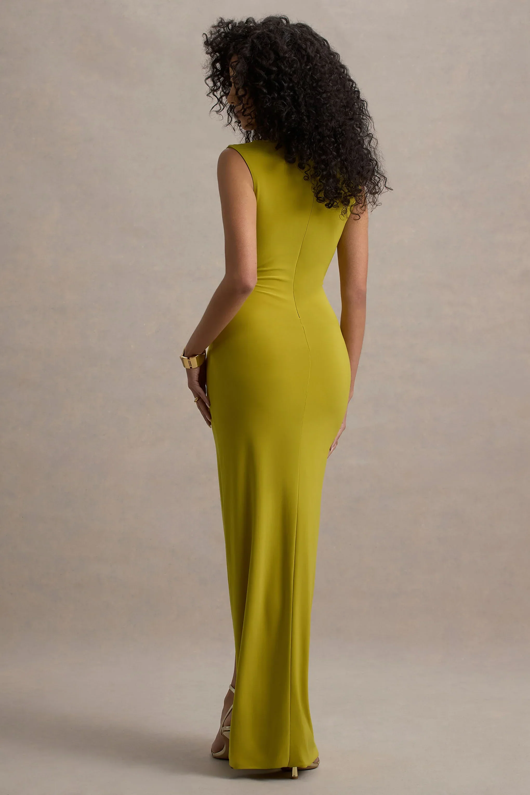 Lanetta | Green Ruched High-Neck Maxi Dress With Split