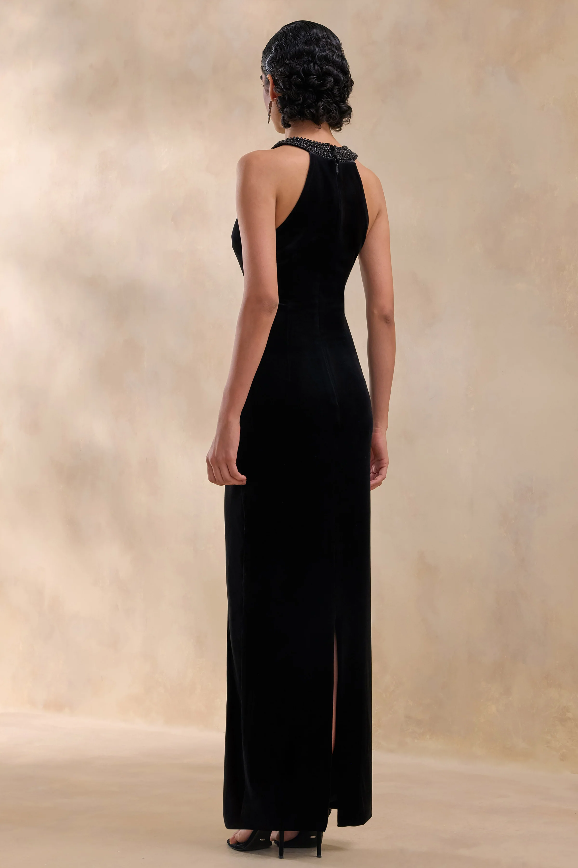 Darya | Black Velvet Embellished High-Neck Maxi Dress