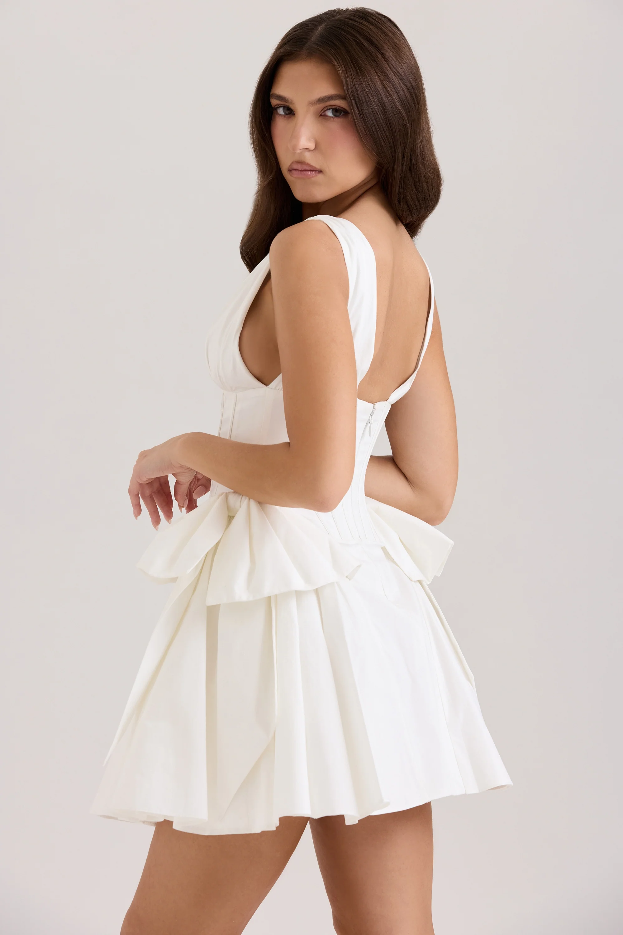 white stretch cotton bow mini dress