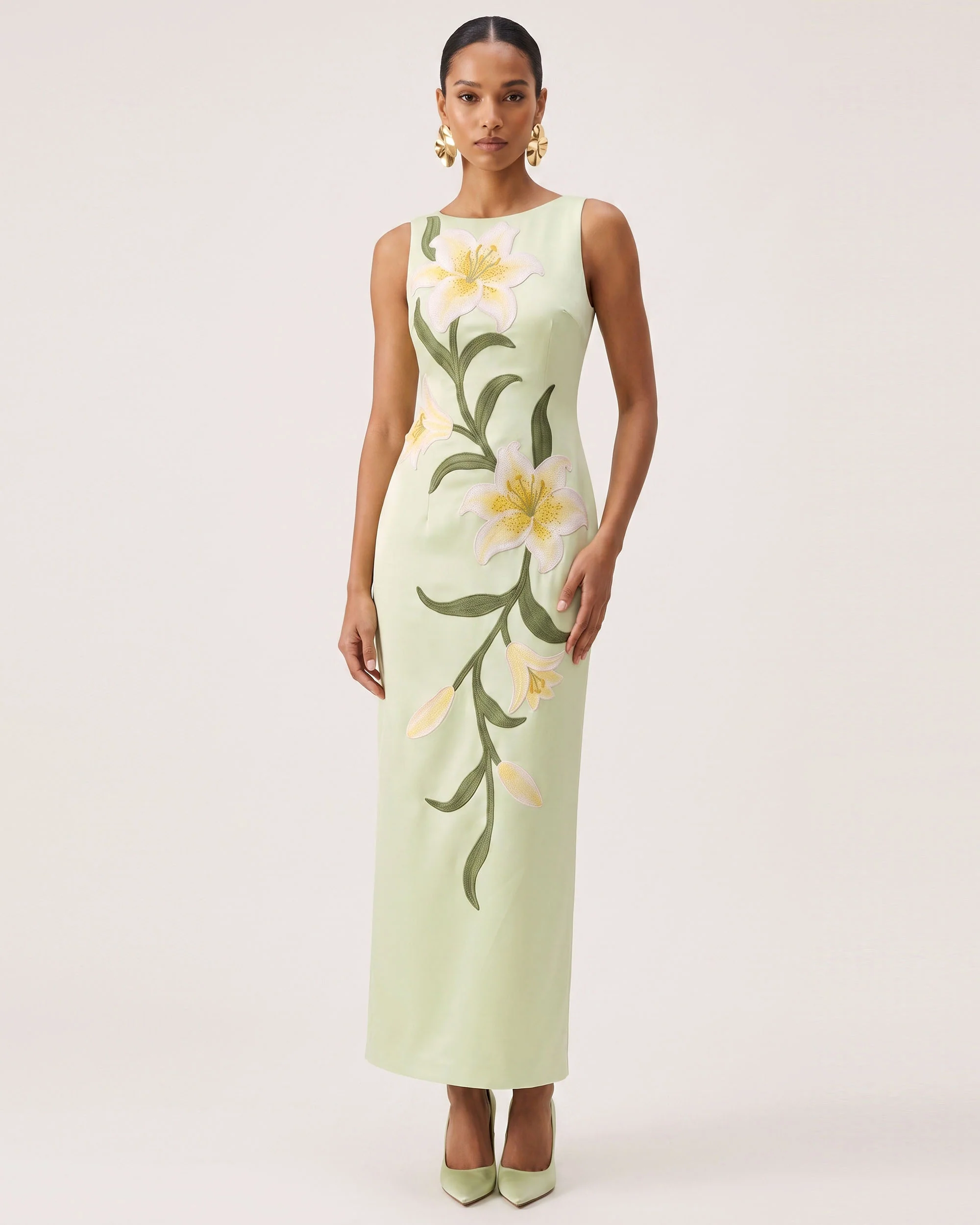 Lily Floral Print Sleeveless Column Maxi Dress - Pistachio Green