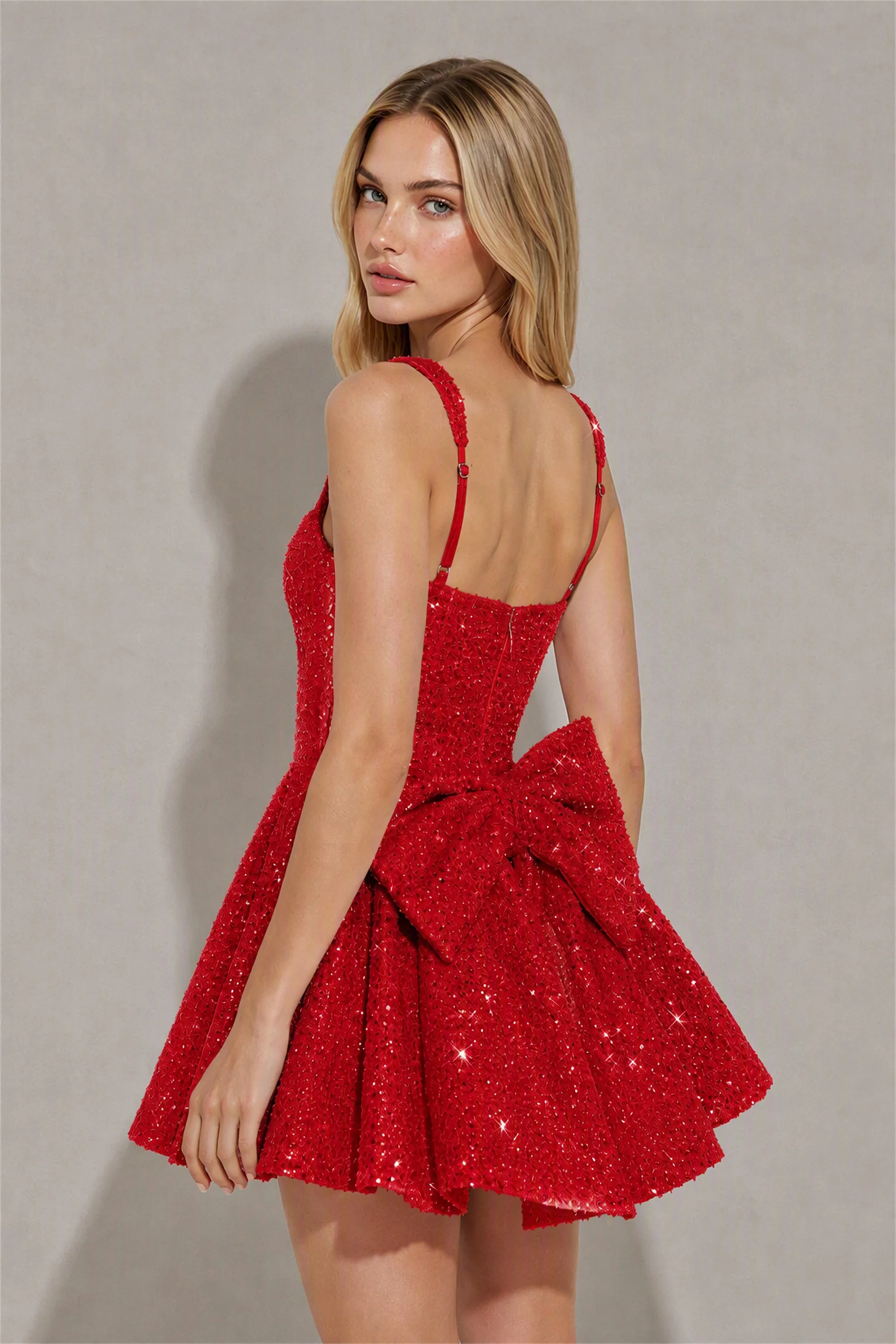 BOLODOO Red Sequin Square Neck Wide Strap Bow Waist Open Back Fit and Flare Mini Dress | Prom Birthday Party Dress