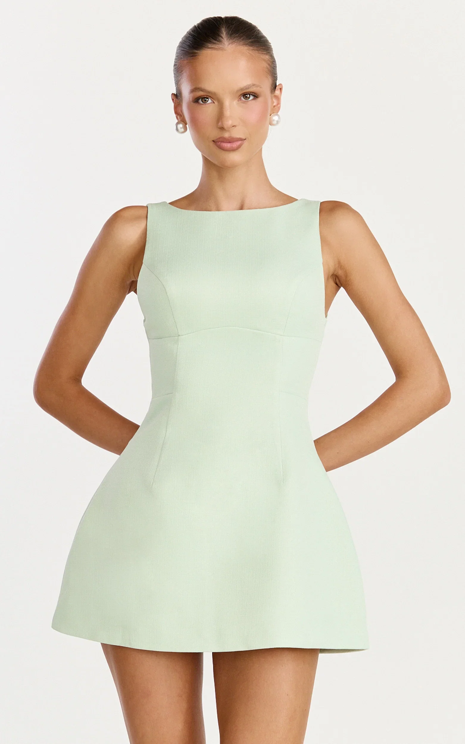 Raquelle Mini Dress - Boucle Boat Neck V Back Fit and Flare Dress in Pistachio