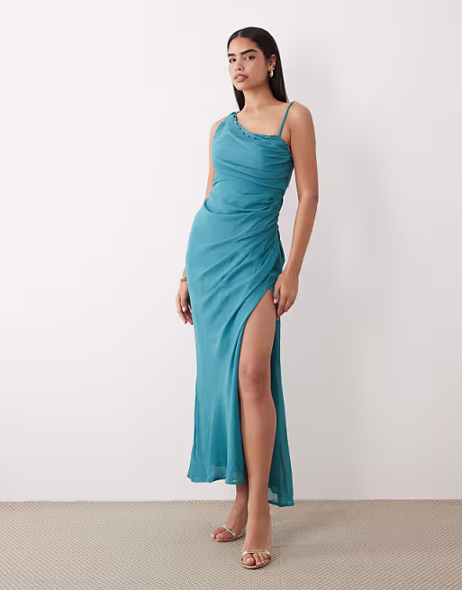 draped bodice maxi dress with beaded strap detailing and open back in teal