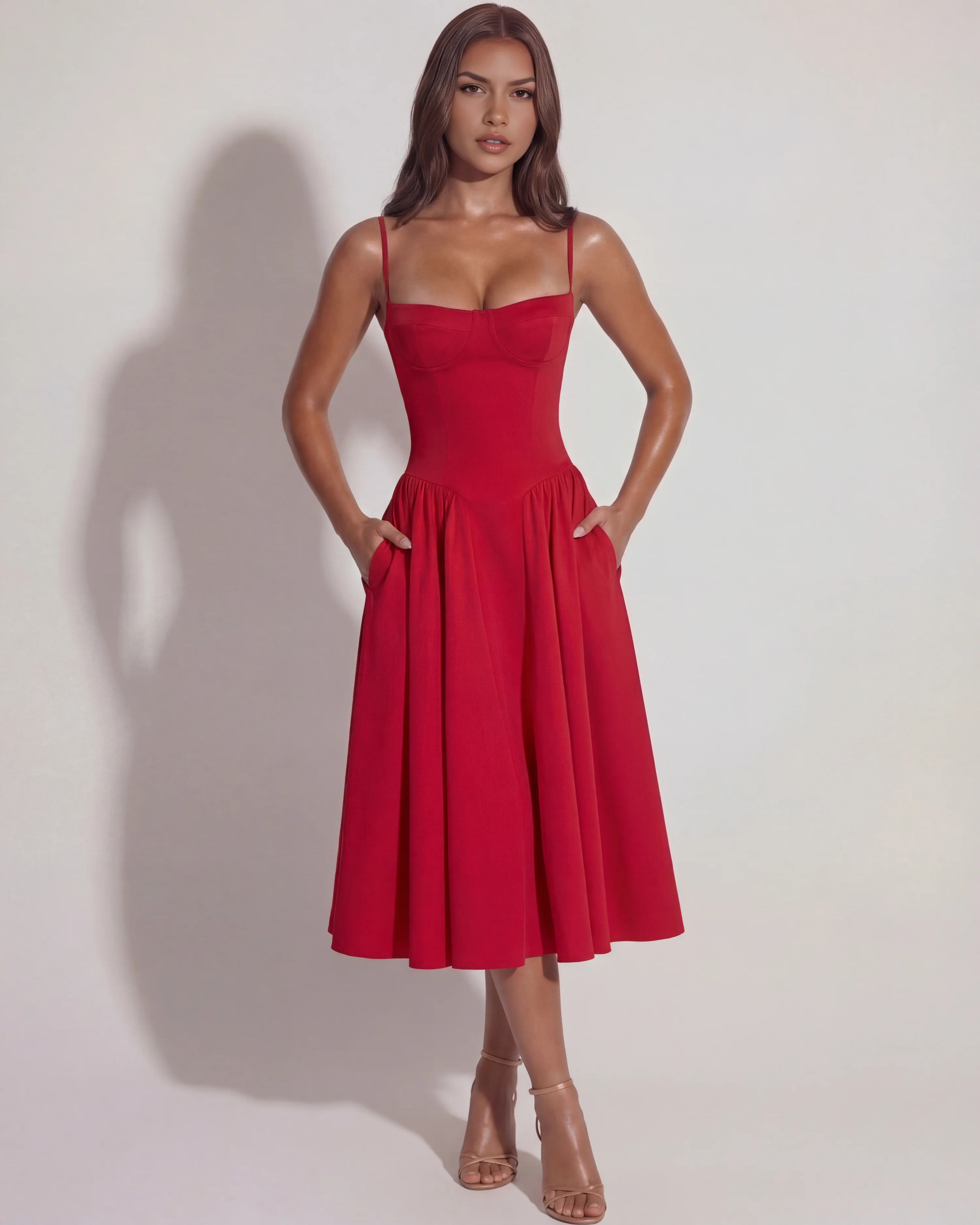 Red Midi Dress with Sweetheart Neckline and Hidden Pockets