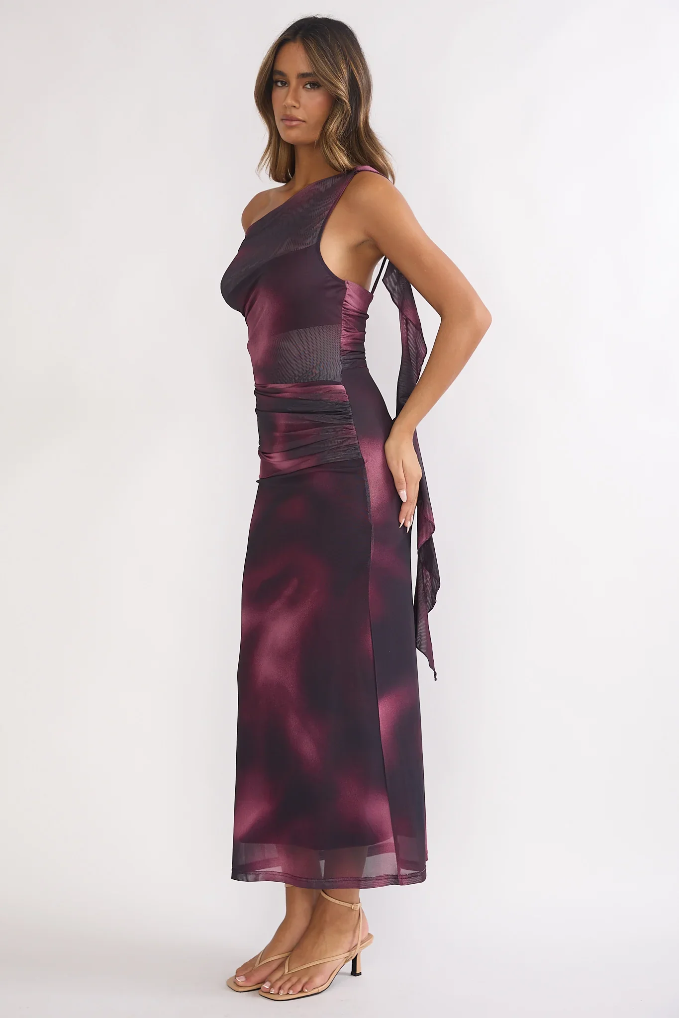 Saffra Shoulder Sash Ruched Maxi Dress Print Wine