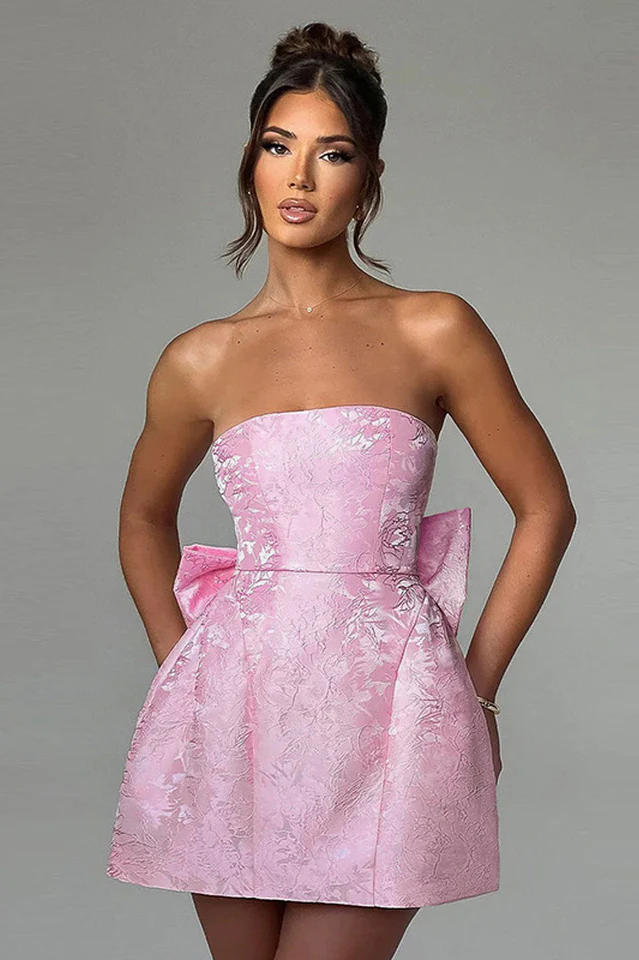 Jacquard Print Tube Back Bow Mini Dress
