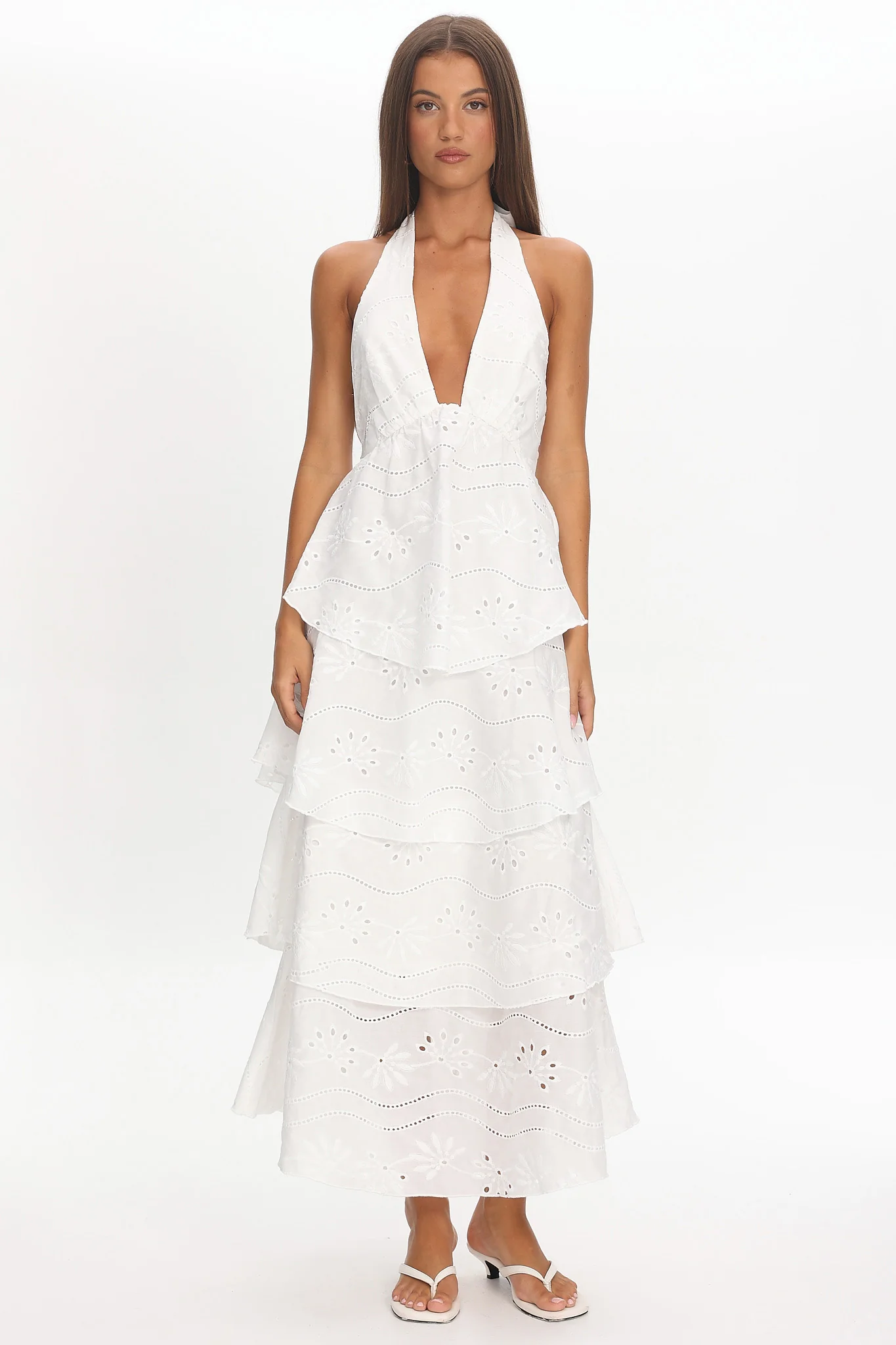 Catalina Tiered Halter Maxi Dress Eyelet White