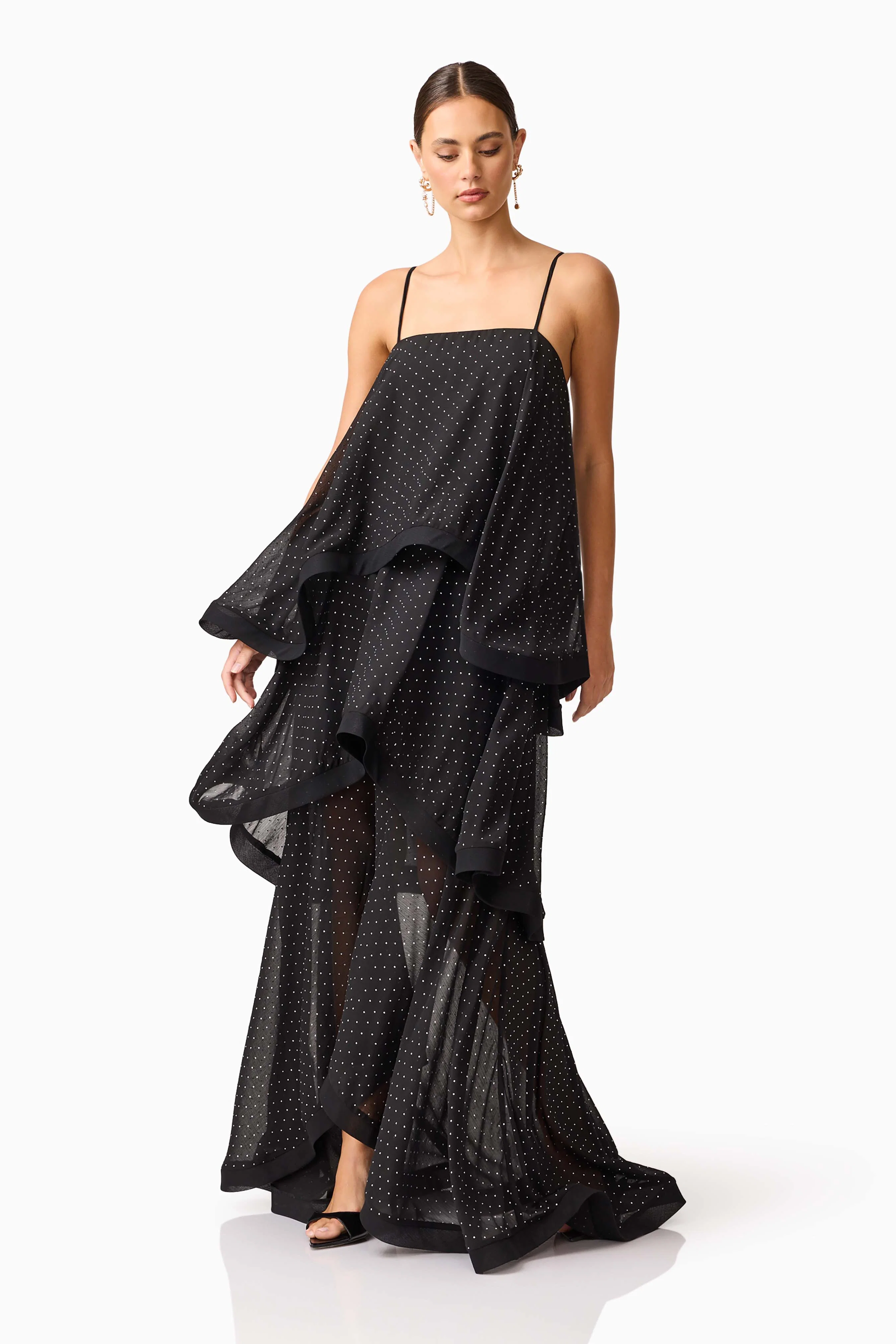 Moss Tiered Embellished Gown in Black