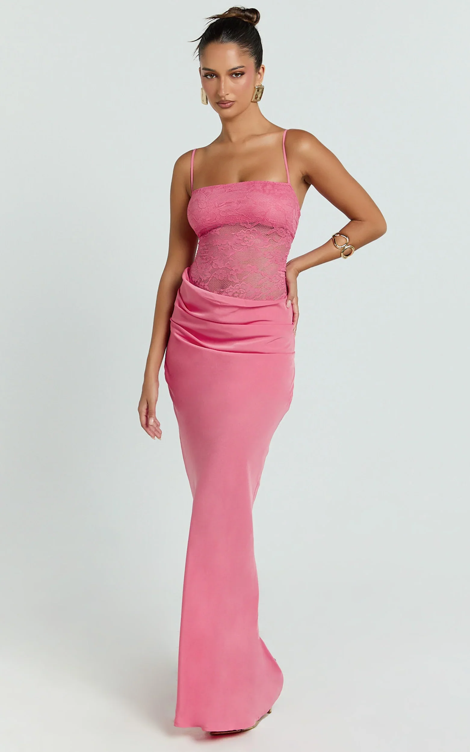 Rania Maxi Dress - Contrast Lace Bodice Bias Cowl Drop Waist Dress in Dark Pink