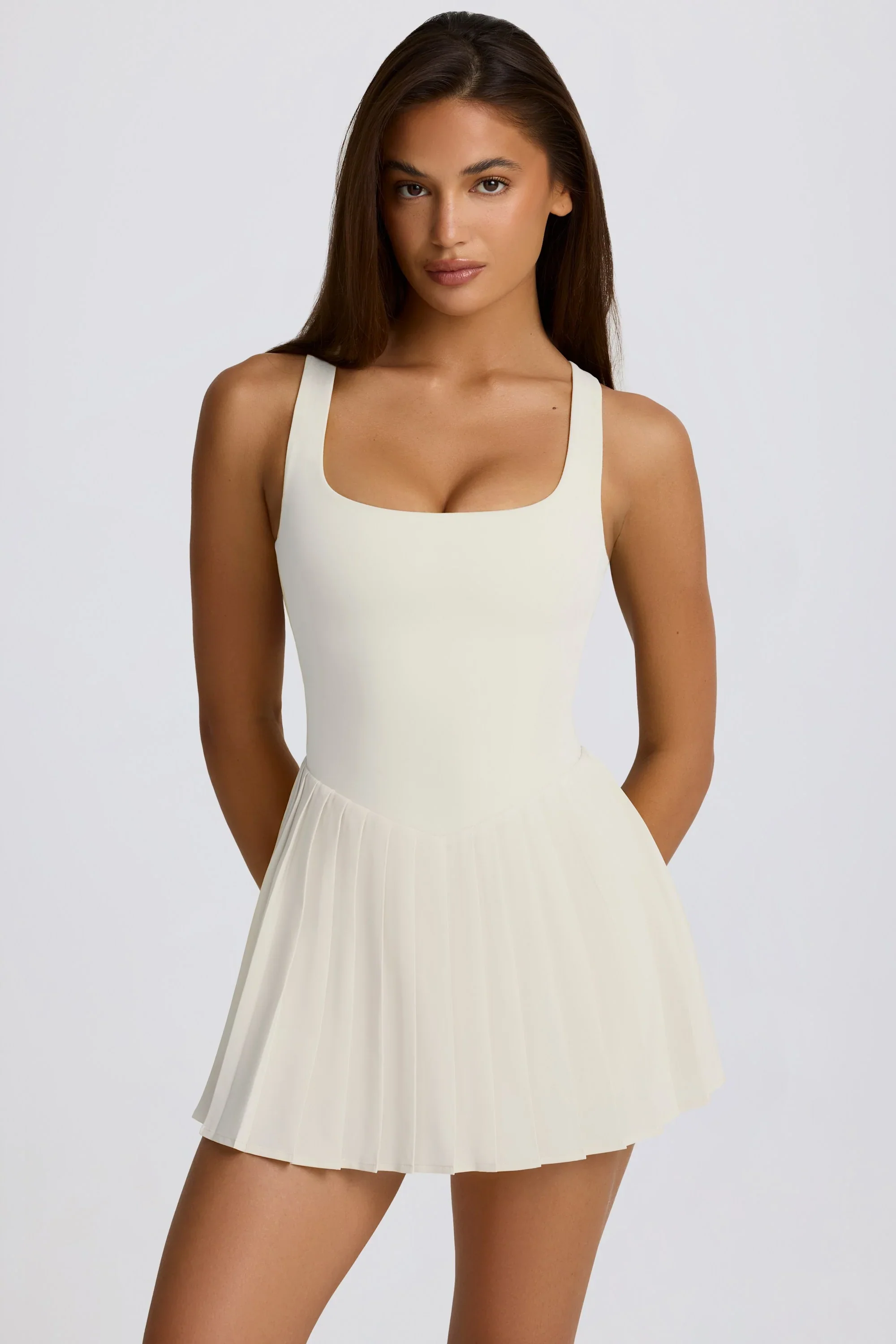 Soft Active Open-Back Pleated Tennis Dress in Marshmallow