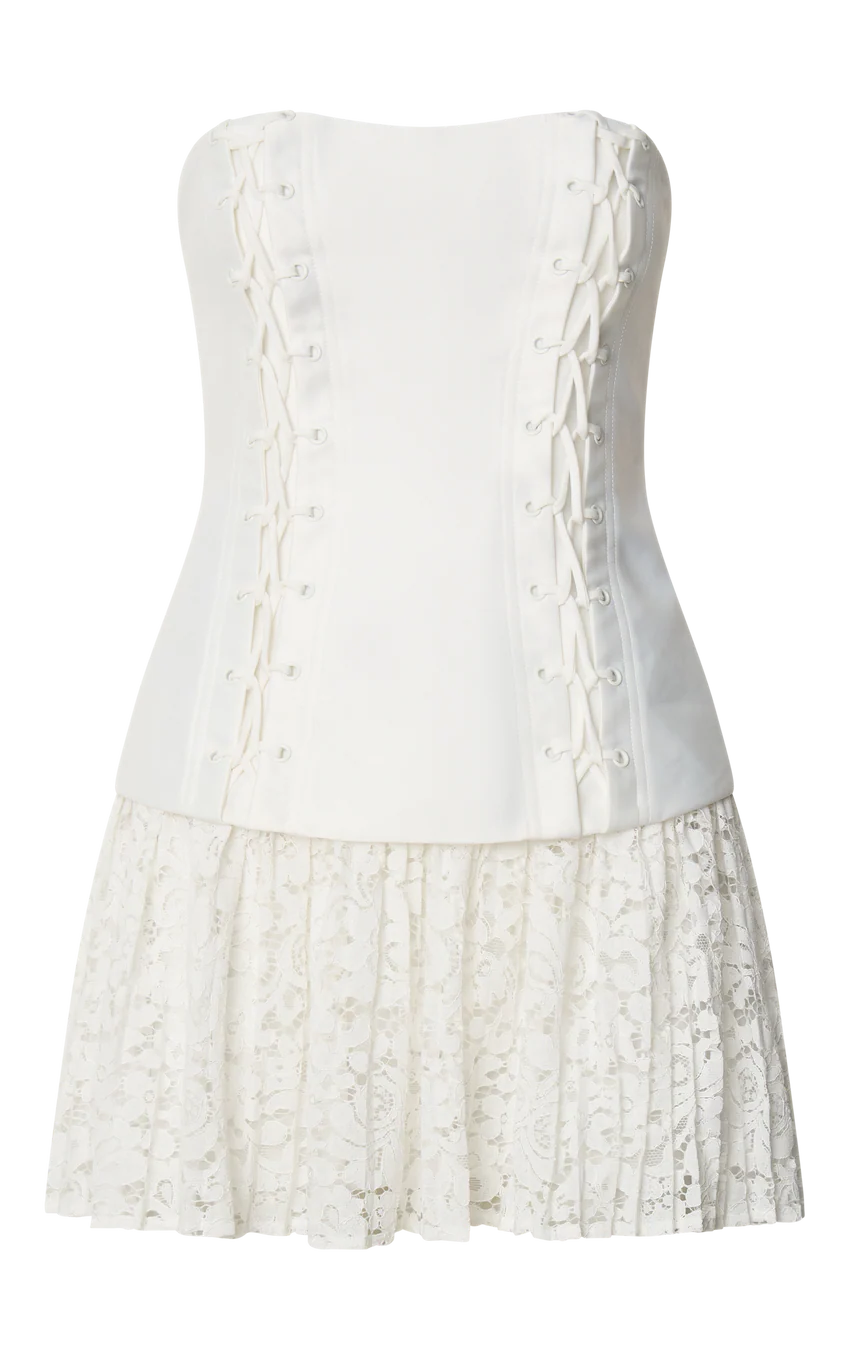 Emerie Mini Dress - Strapless Drop Waist Pleated Dress in Cream - luluinthesky
