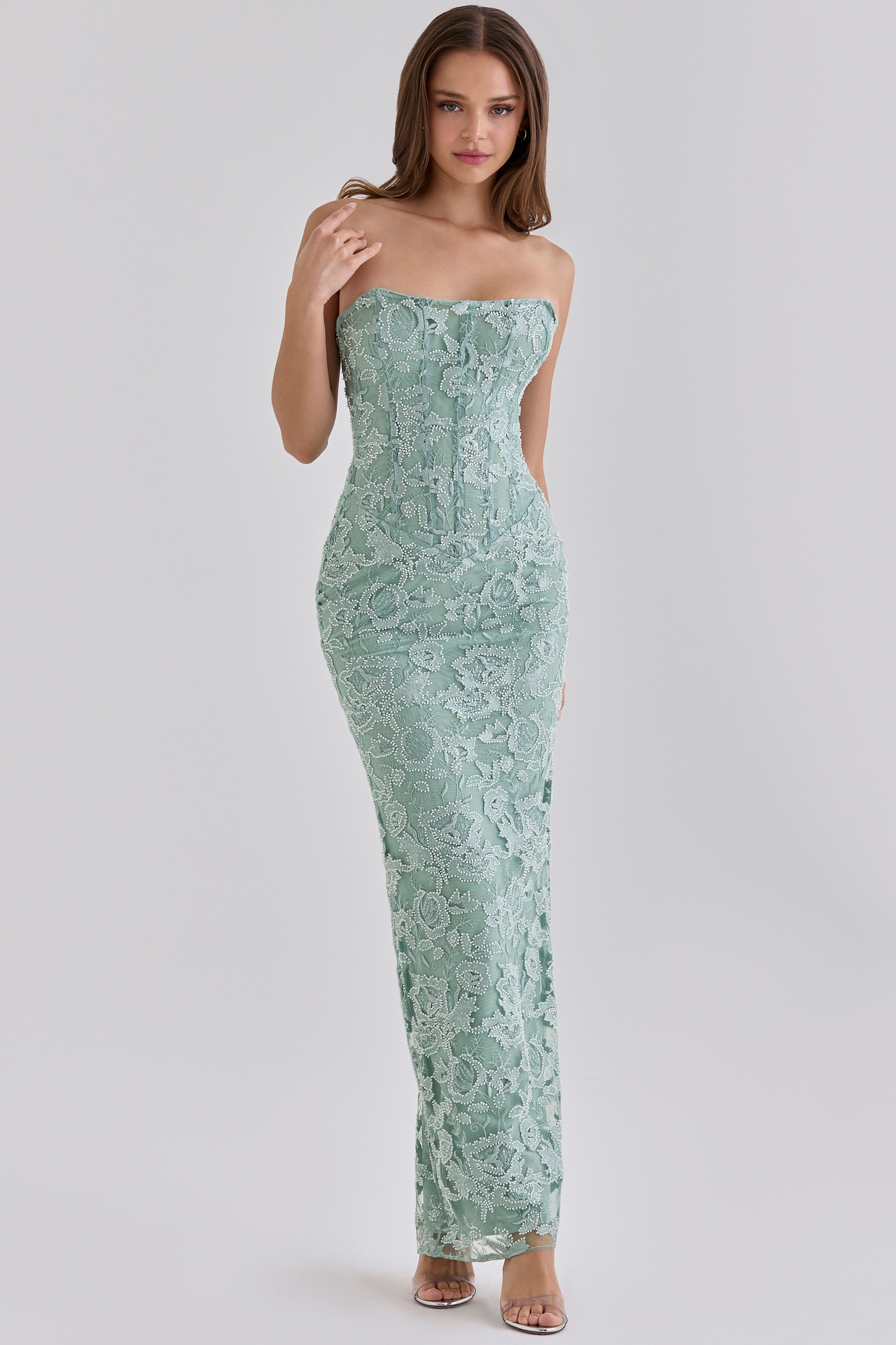 Jade Hand Beaded Embellished Strapless Maxi Dress