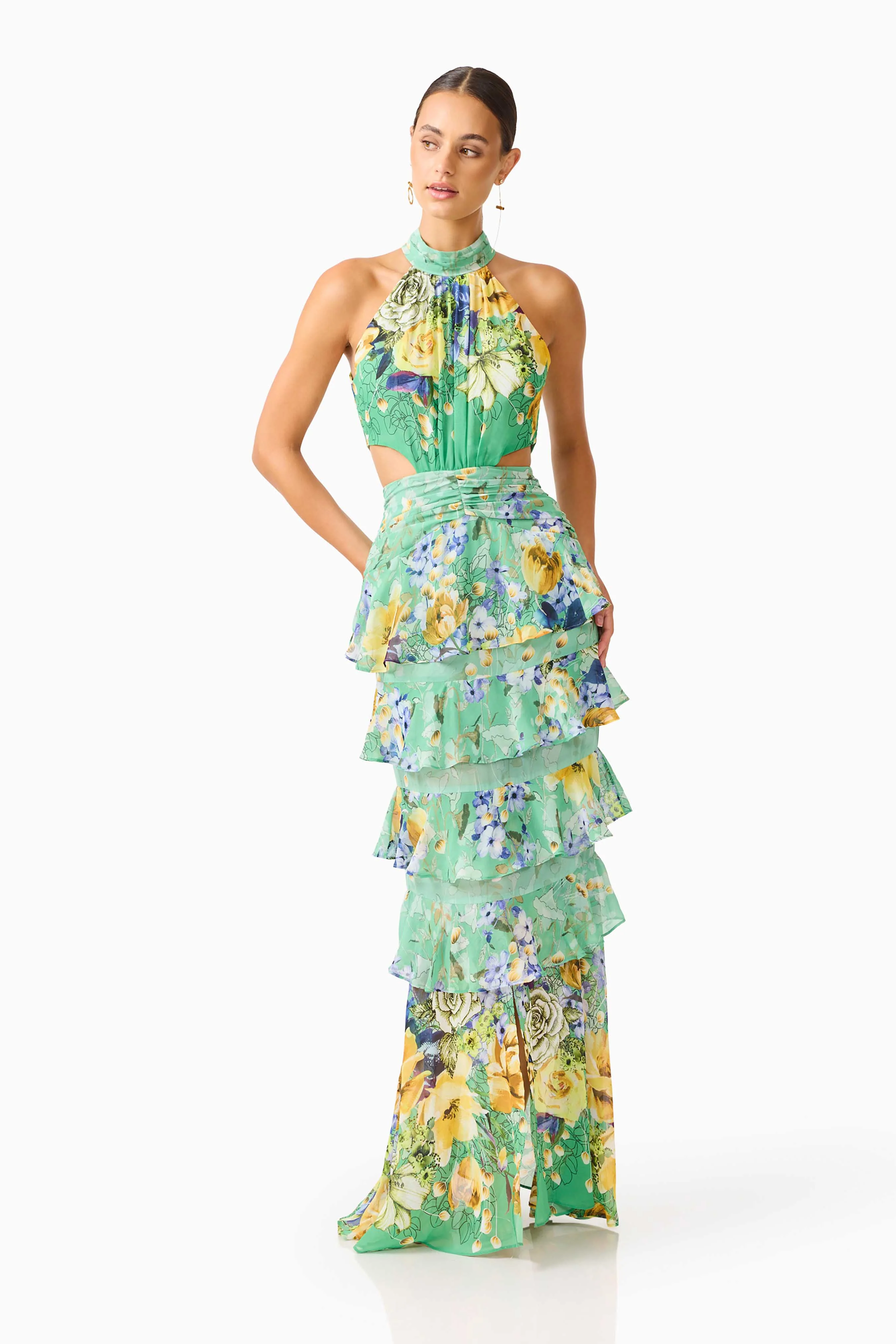 Gardenia Halter Maxi Gown In Green