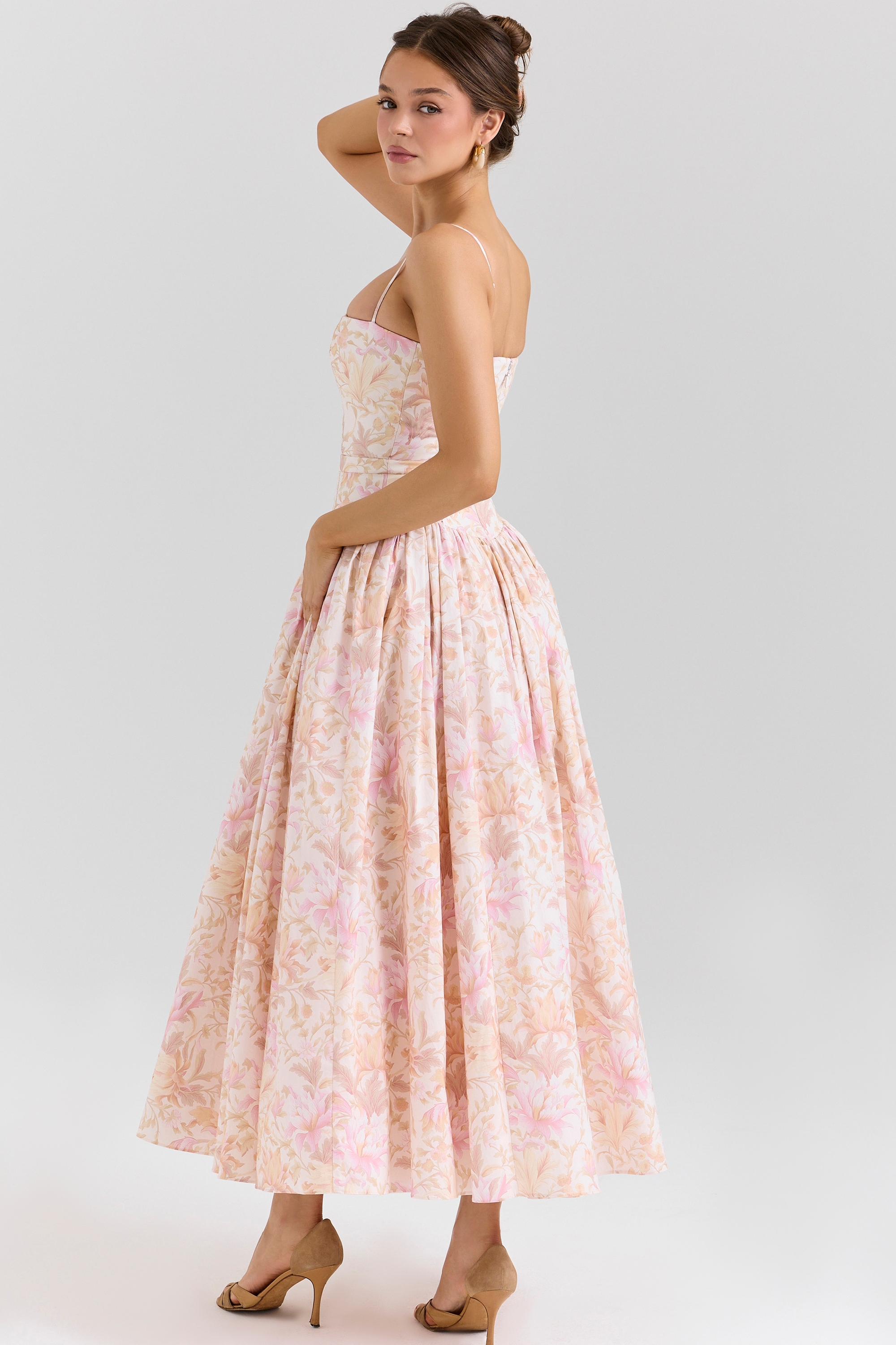peach floral print stretch cotton midi sundress