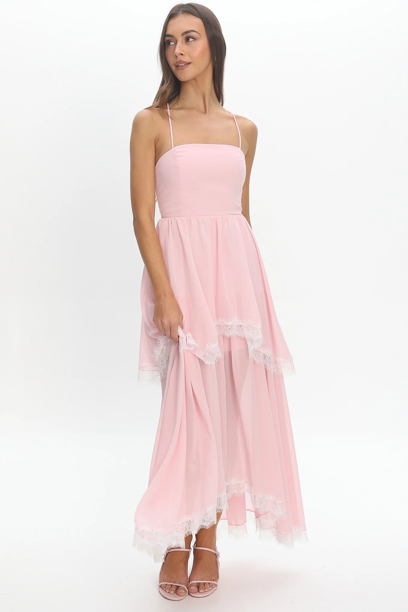 Sunrise on Sunset Lace Trim Maxi Dress Pink