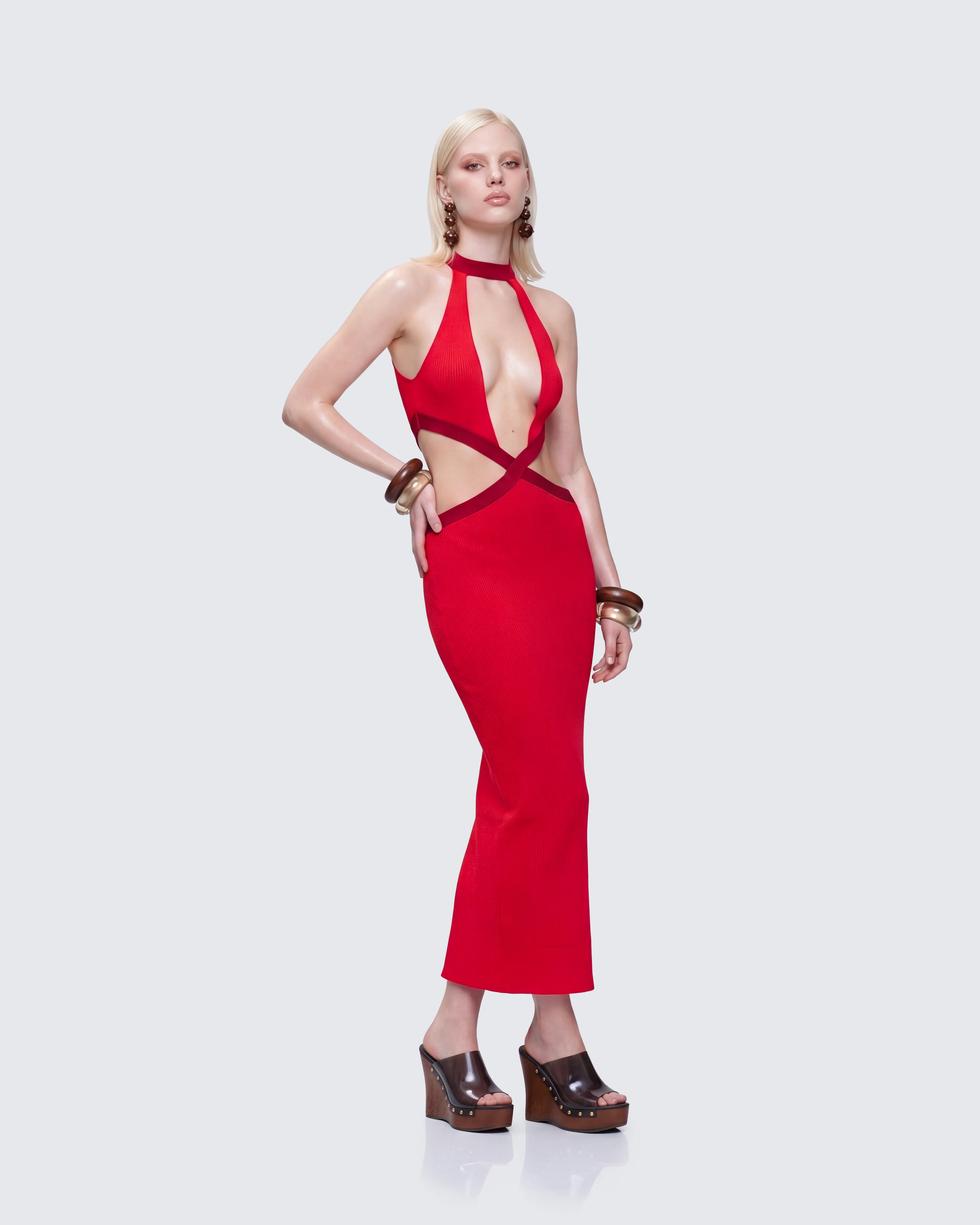 Sydney Multi Red Binding Cutout Maxi Dress