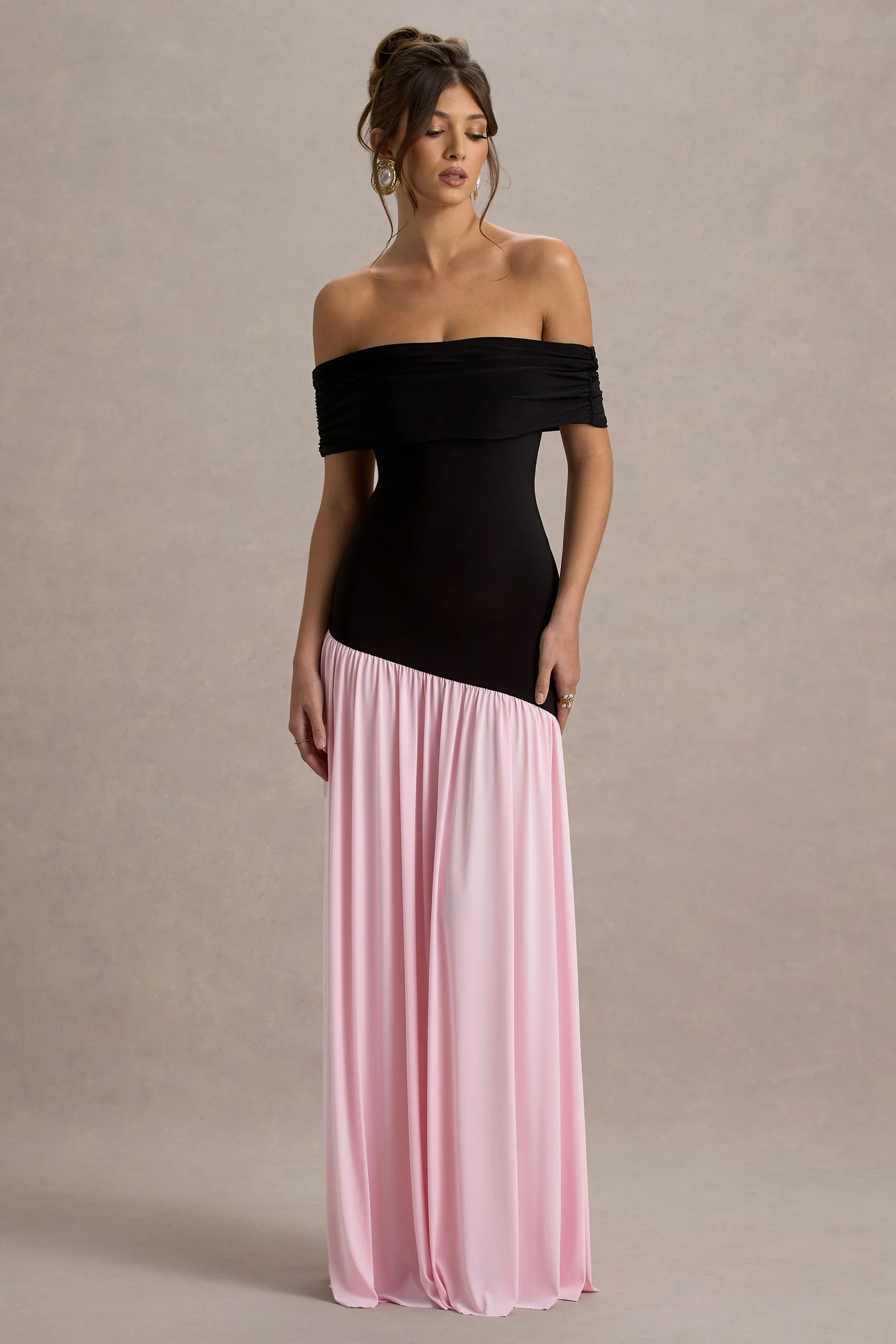 Venezia | Black & Pink Bardot Puff-Skirt Maxi Dress