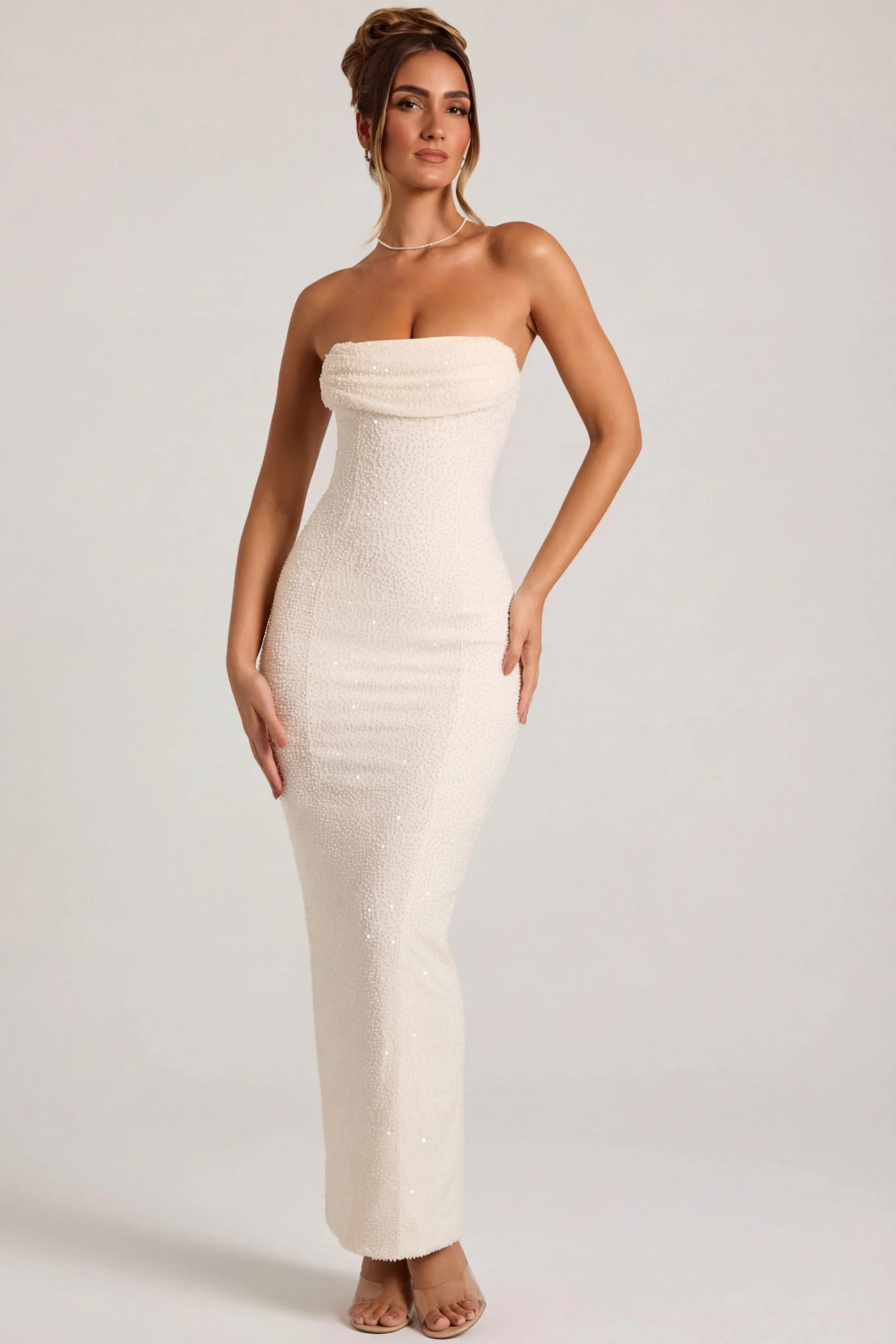 Embellished Bandeau Cowl Neck Maxi Dress in Snow