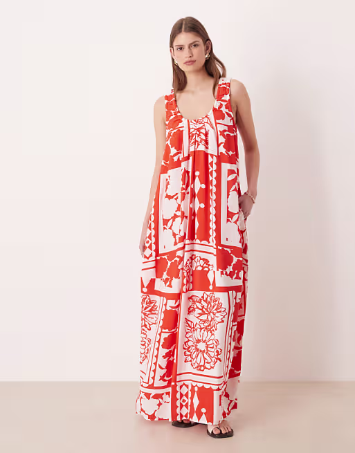 technical fabric scoop ruched neck maxi sundress in red and white patchwork print