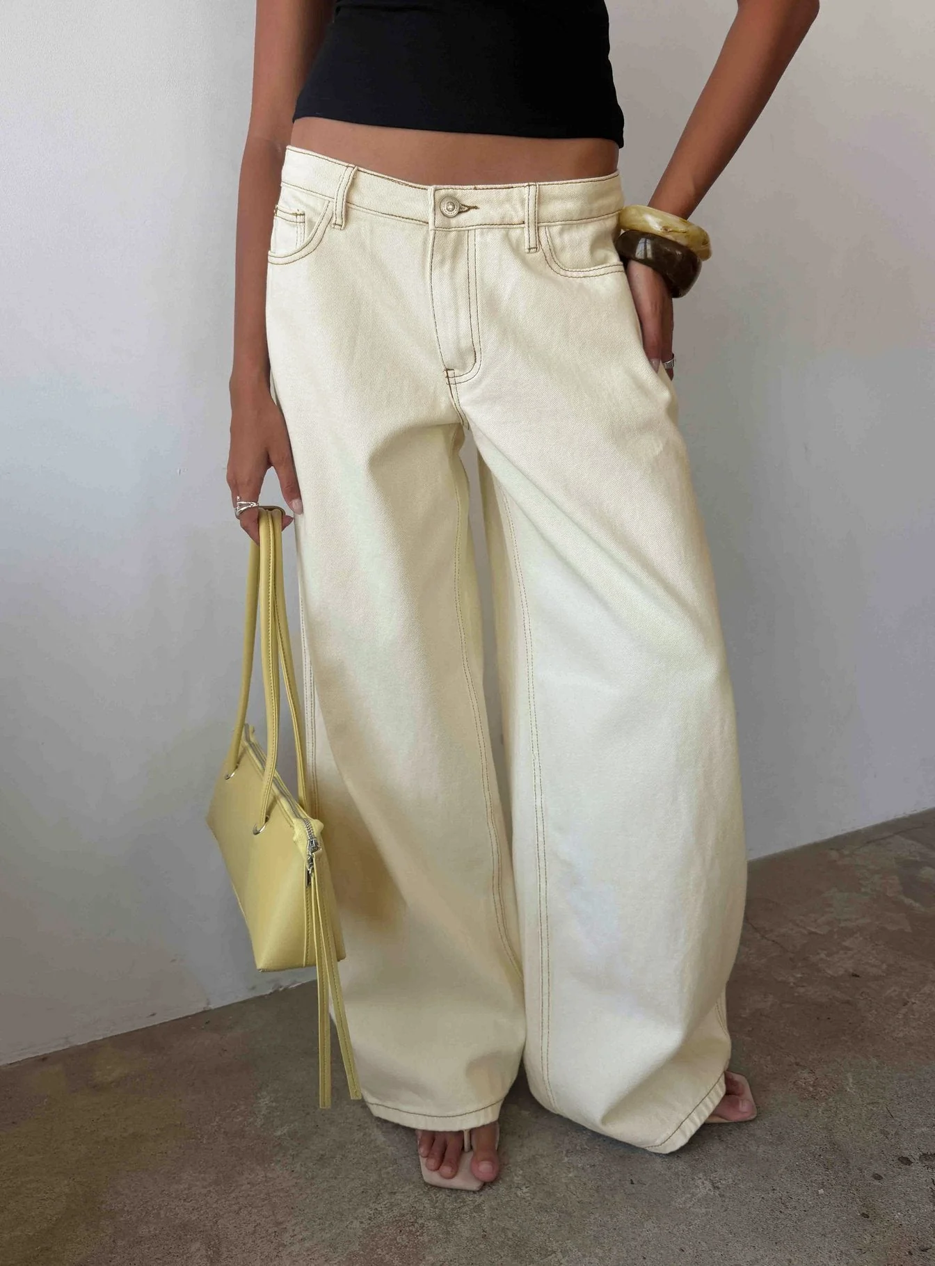 Ramos Low Rise Wide Leg Jeans Cream