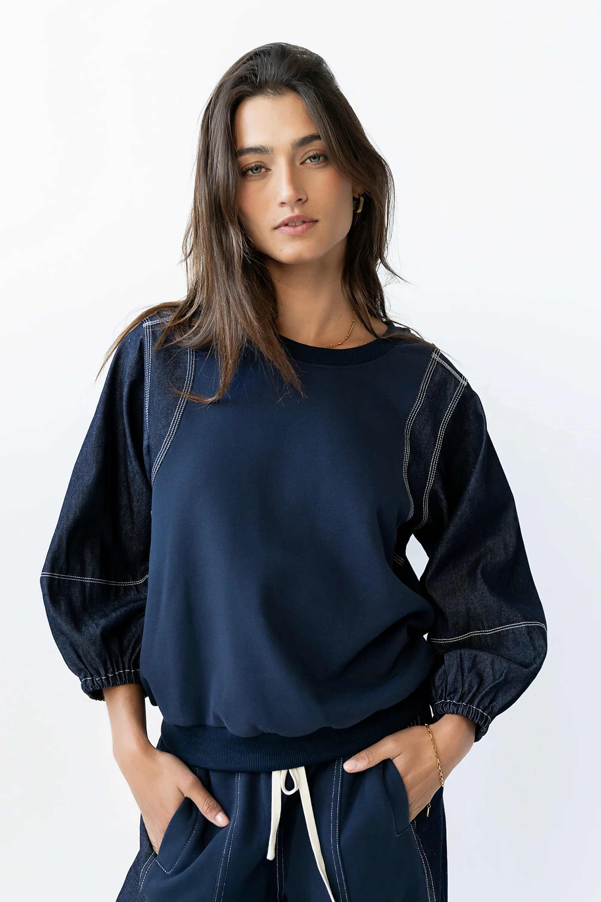 Malinda Mixed Media Top in Dark Wash