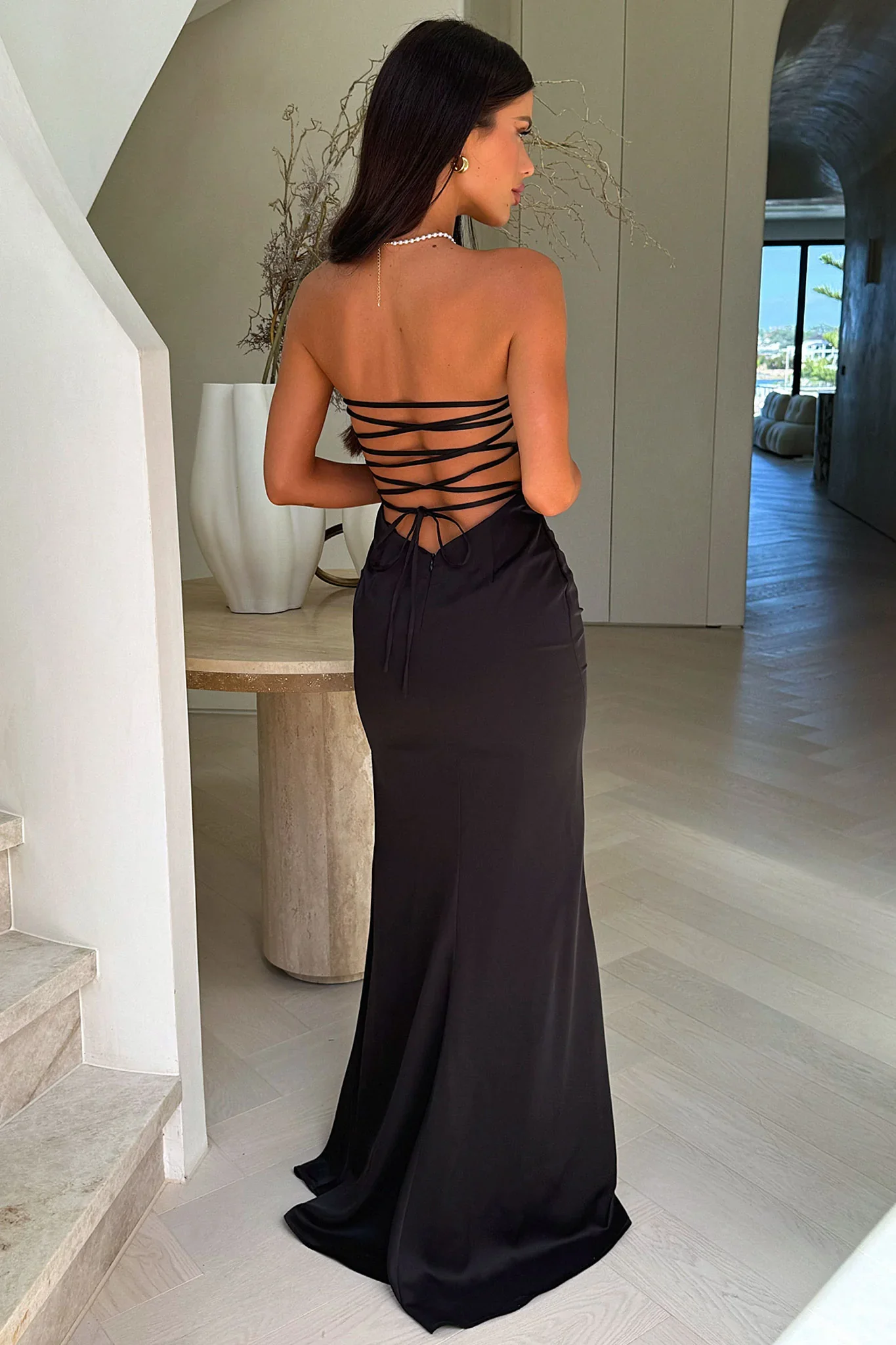 Ophelia Strapless Embellished Satin Maxi Dress - Black
