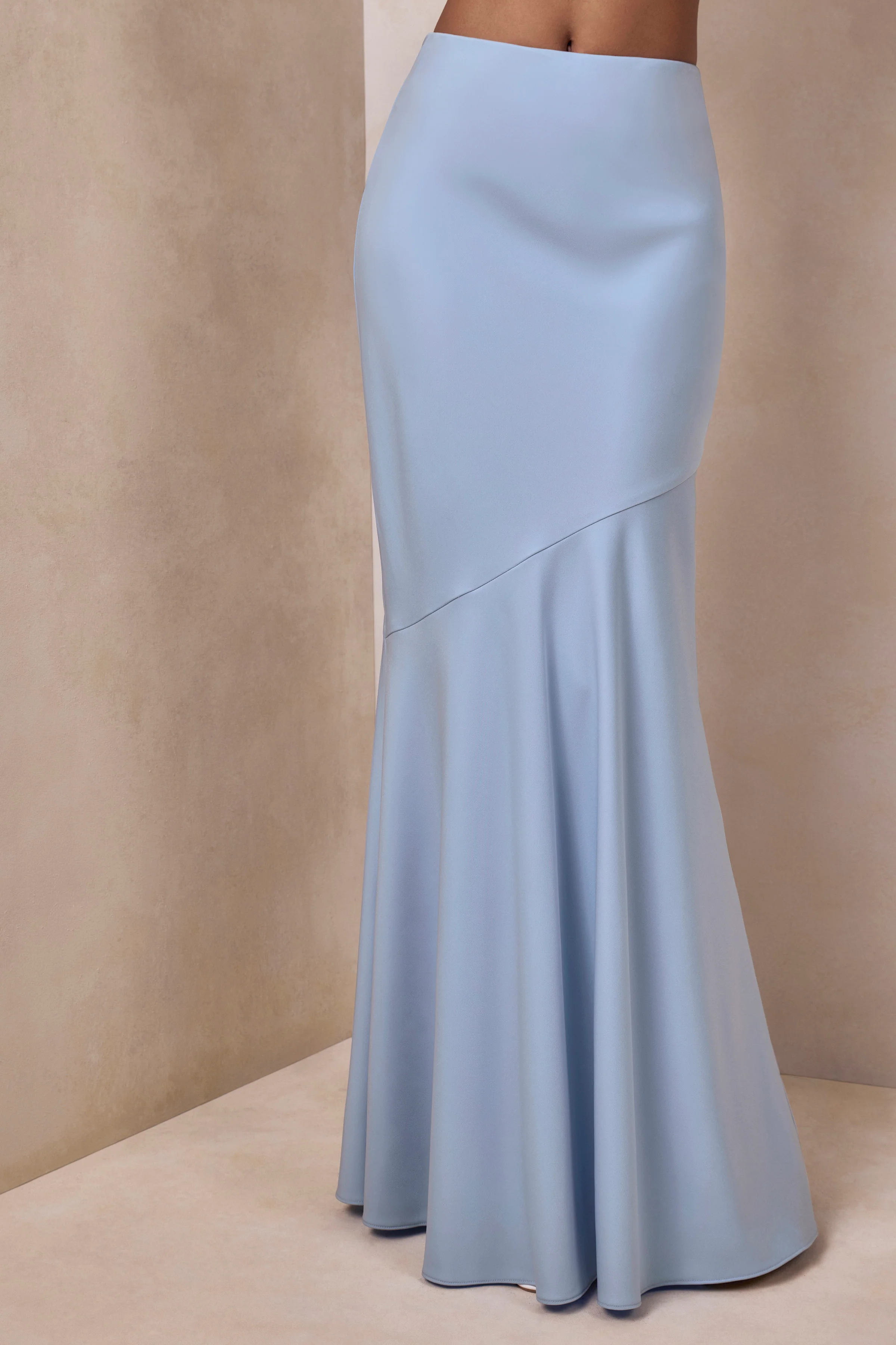 Vayla | Powder Blue Matte Satin Asymmetric Drop-Waist Maxi Skirt