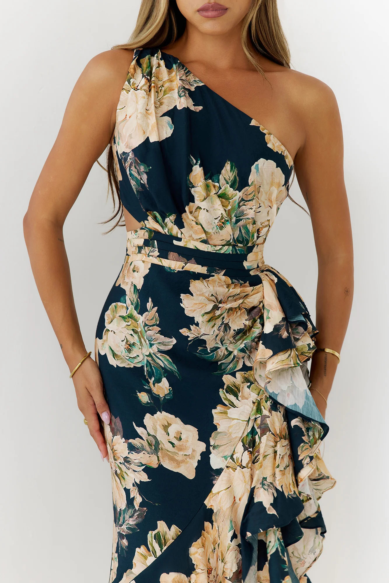 Floral One Shoulder Cutout Maxi Dress Navy