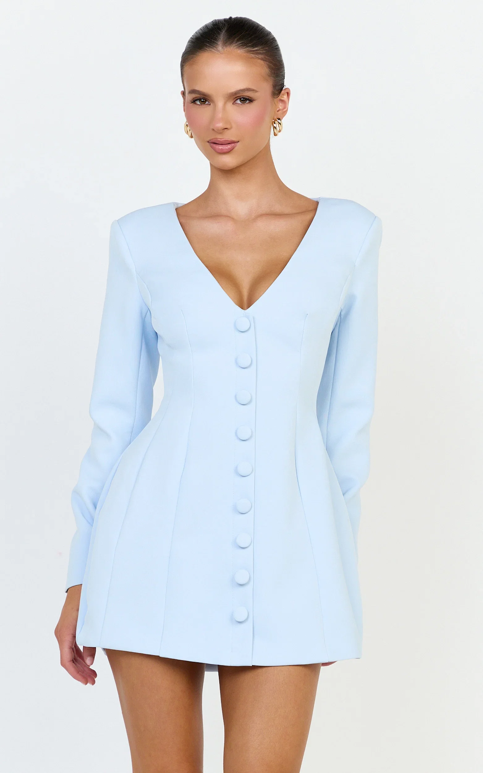 Lavender Mini Dress - Wide Neck Button Down Blazer Dress in Baby Blue