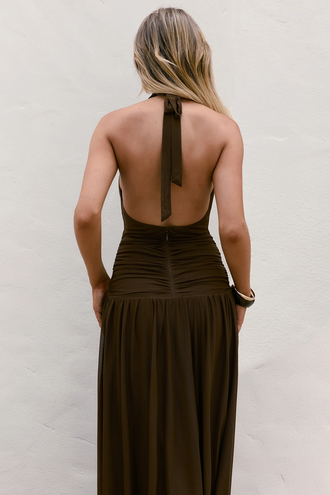 Robin Mesh Halter Maxi Dress Brown