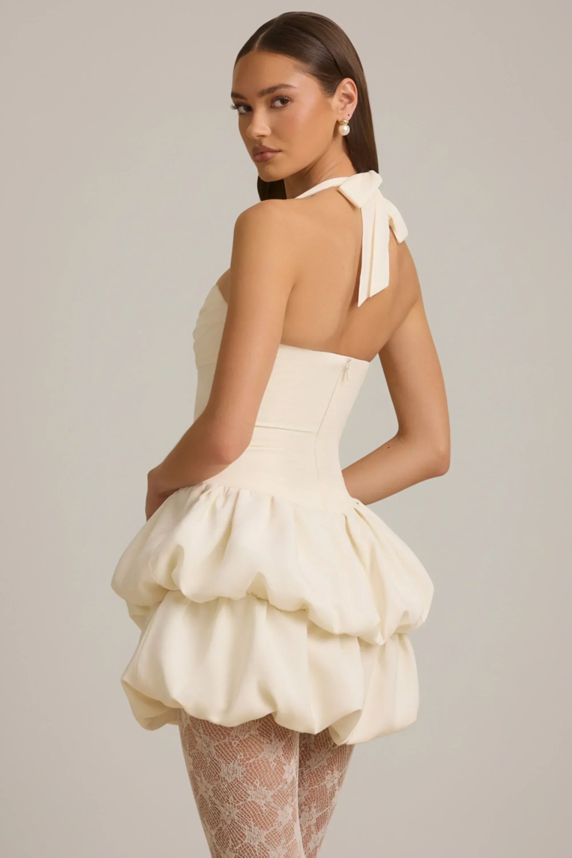 Halterneck Layered Bubble Hem Corset Mini Dress In Ivory