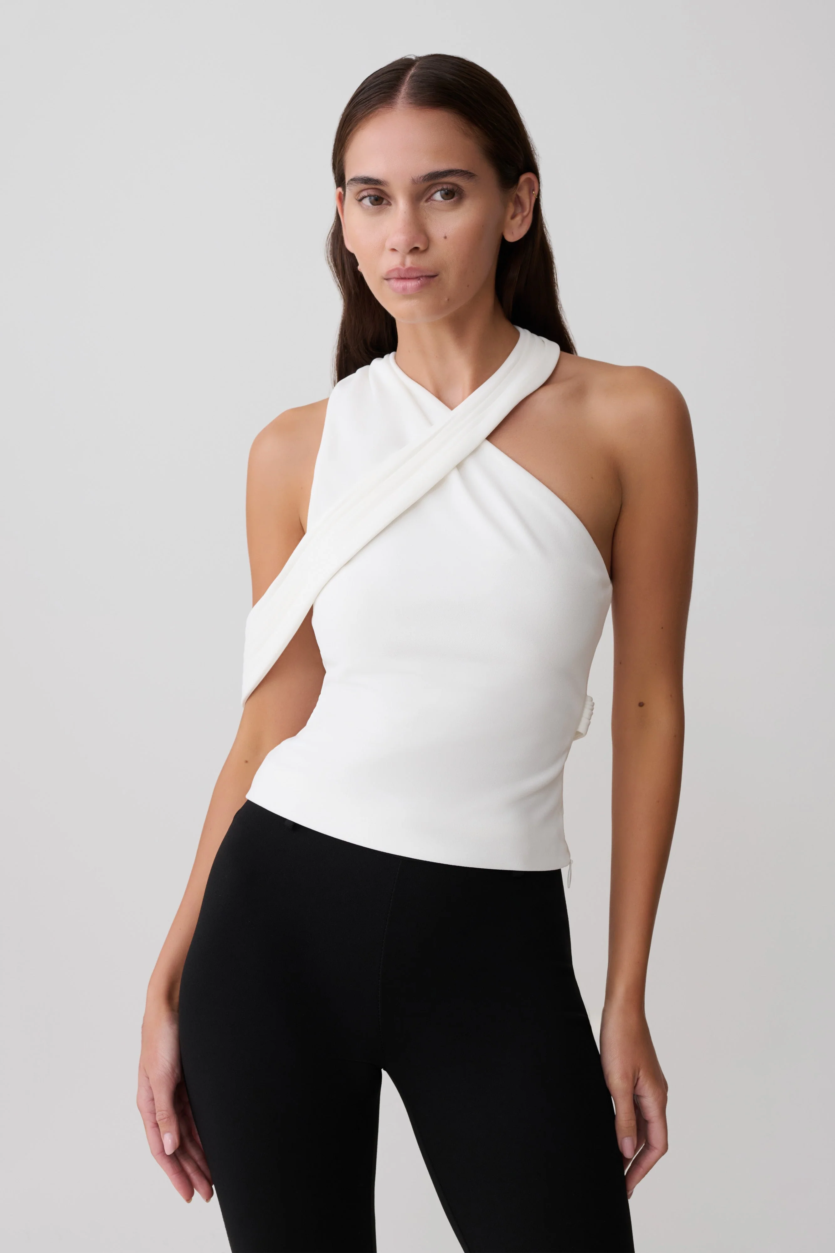 Sable Crossover Crepe Halter Top - White