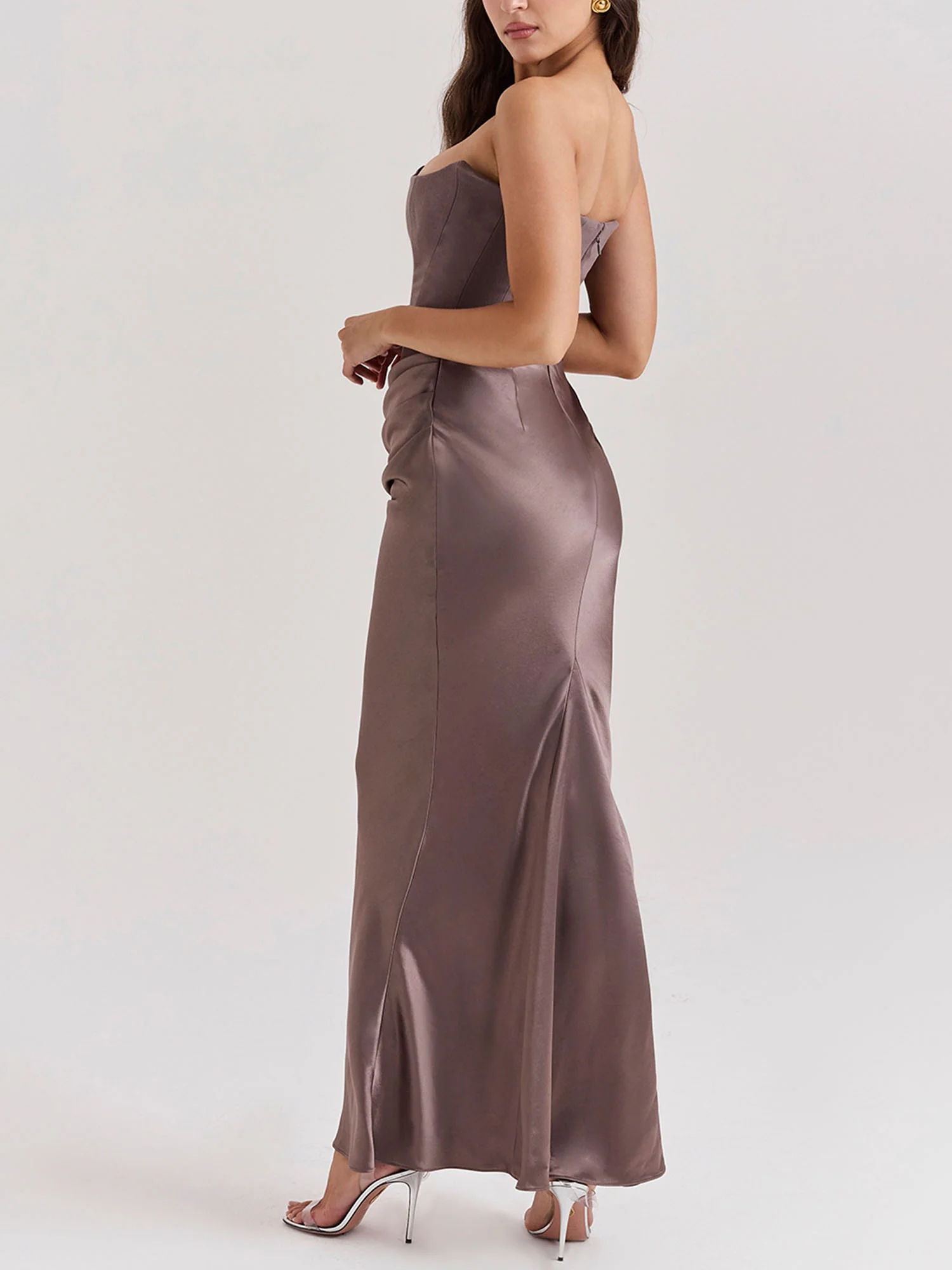 Brown Strapless Draped Bodycon Maxi Dress