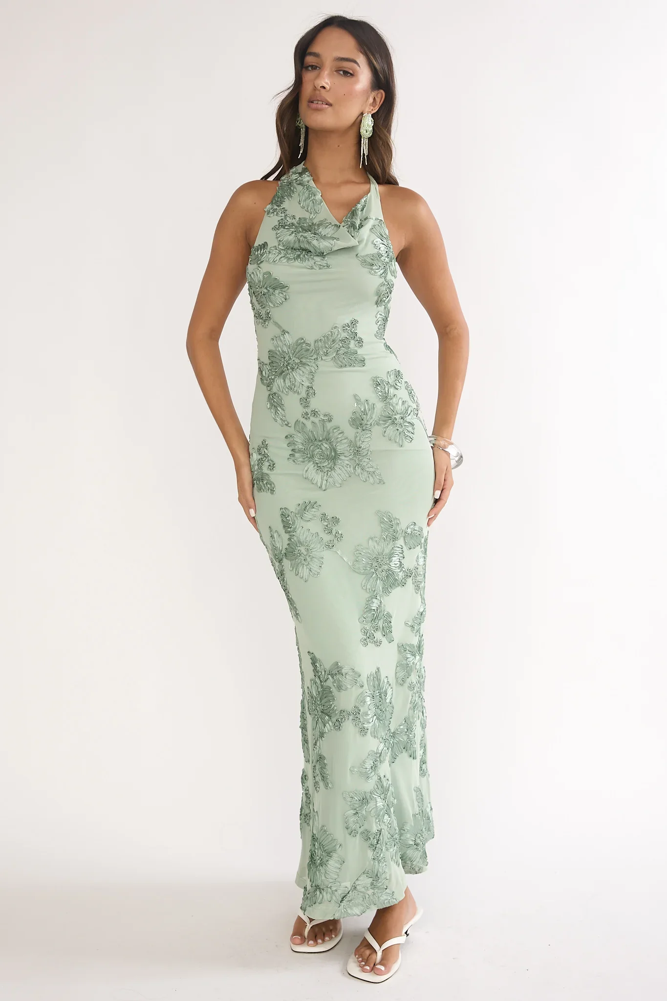 Kirralee Asymmetric Halterneck Embellished Maxi Dress Aqua Green