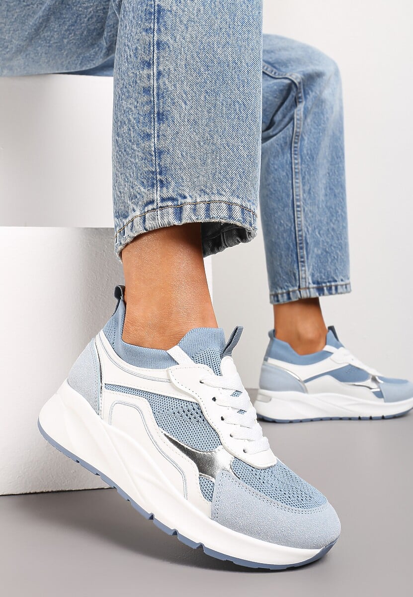 Niebieskie Sznurowane Sneakersy na Grubej Podeszwie z Błyszczącymi Wstawkami Nithirela