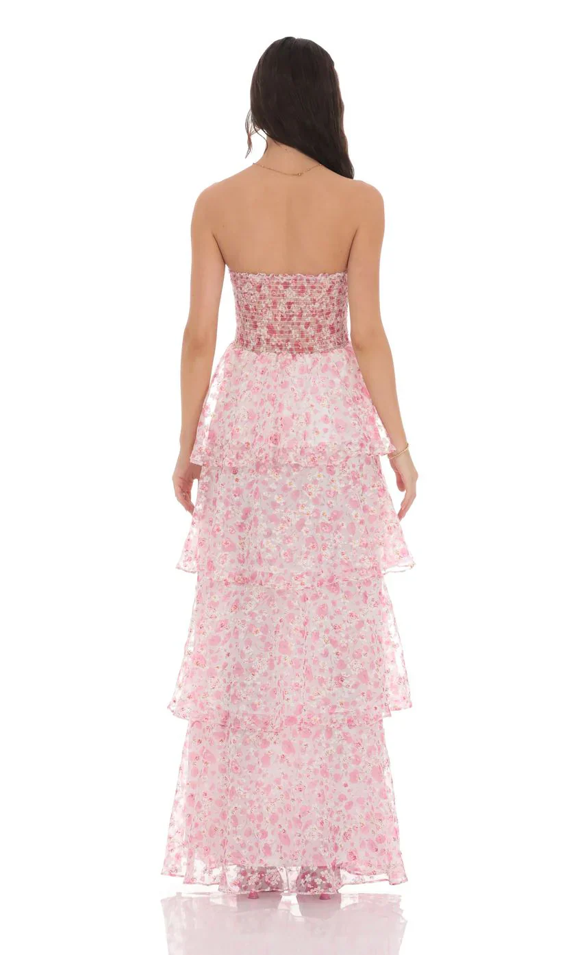 Smocked Floral Ruffle Maxi Dress in Pink