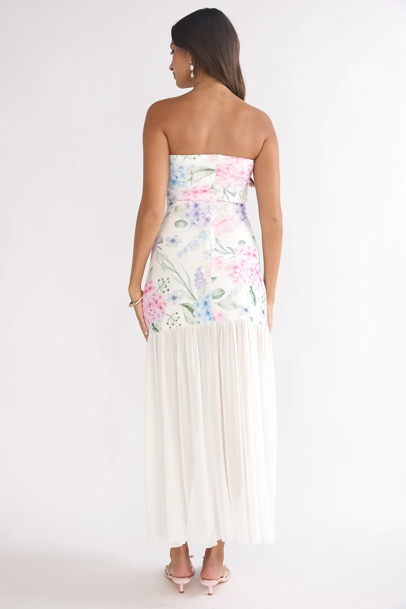 Wilma Sheer Hem Strapless Maxi Dress Flowers Blue