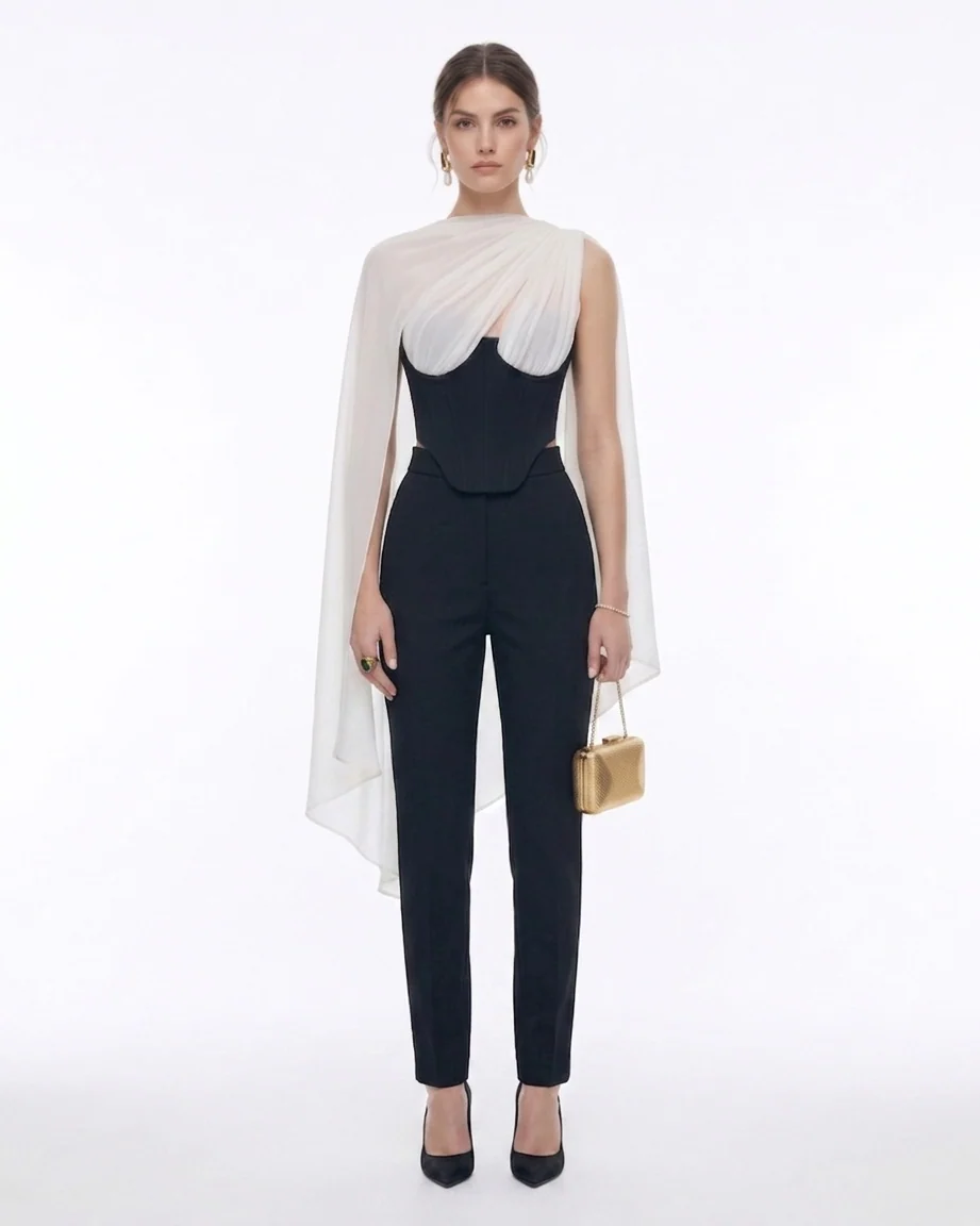 Strapless Corset Sheer Cape Top - Black & White