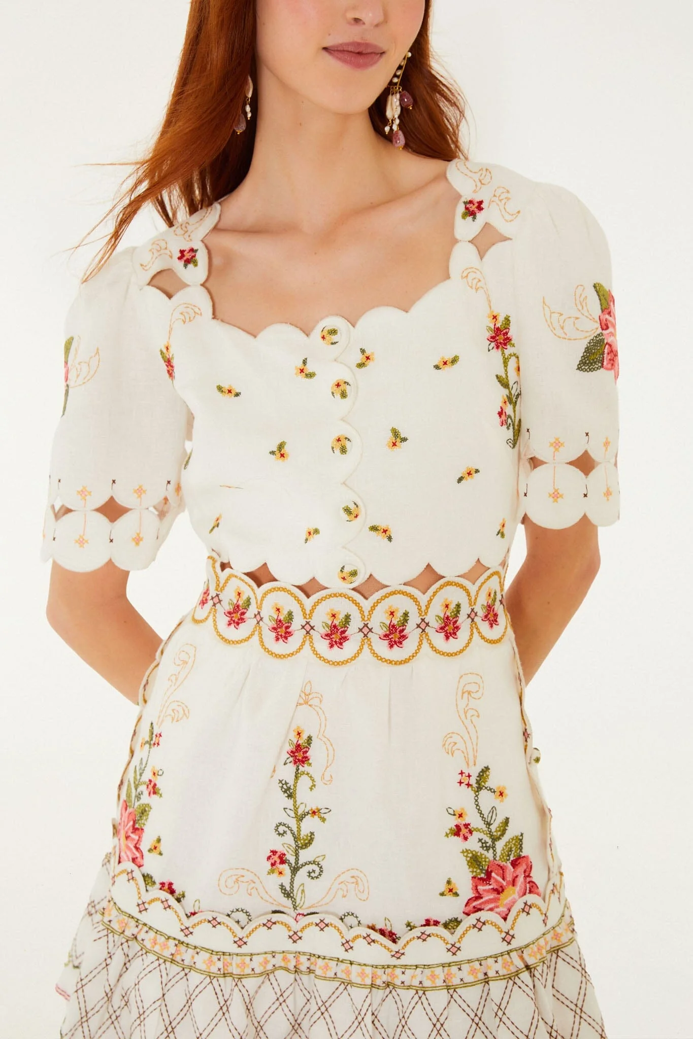 Off-White Flower Embroidery Scalloped Mini Dress